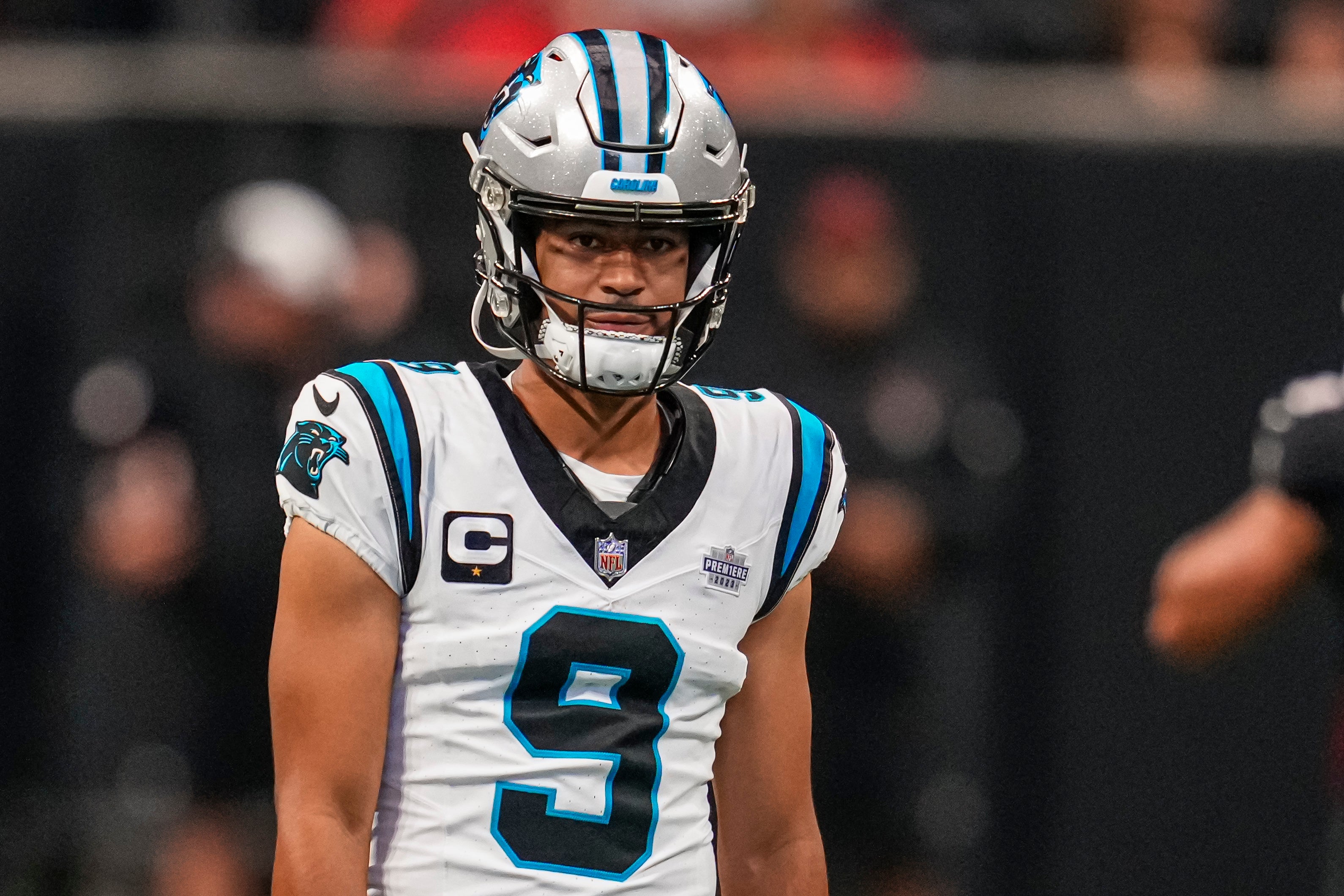 Sep 10, 2023; Atlanta, Georgia, USA; Carolina Panthers quarterback Bryce Young (9) on the field prior to the game against the Atlanta Falcons at Mercedes-Benz Stadium. Mandatory Credit: Dale Zanine-USA TODAY Sports