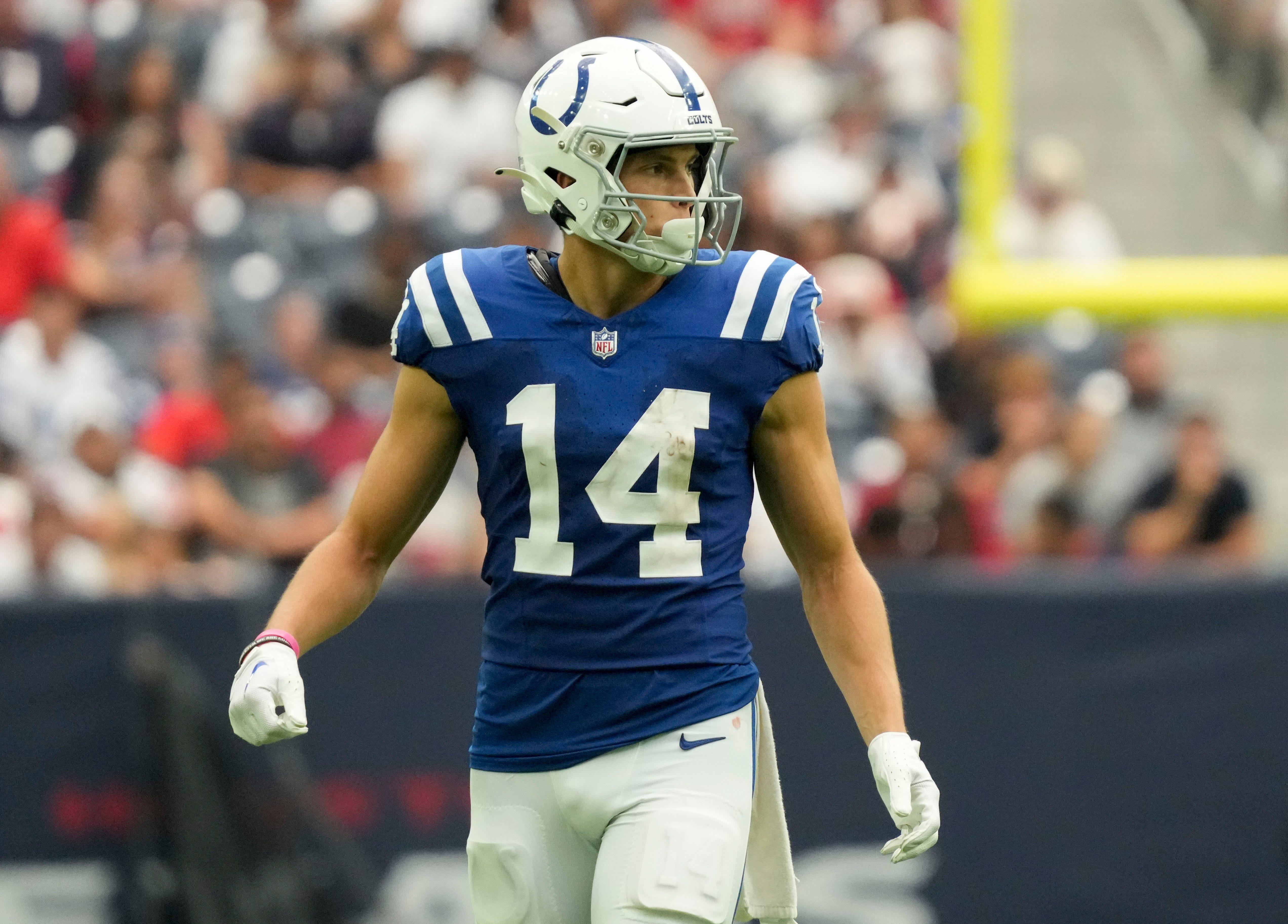 Indianapolis Colts wide receiver Alec Pierce (14) walks the field Sunday, Sept. 17, 2023, during a game against the Houston Texans at NRG Stadium in Houston