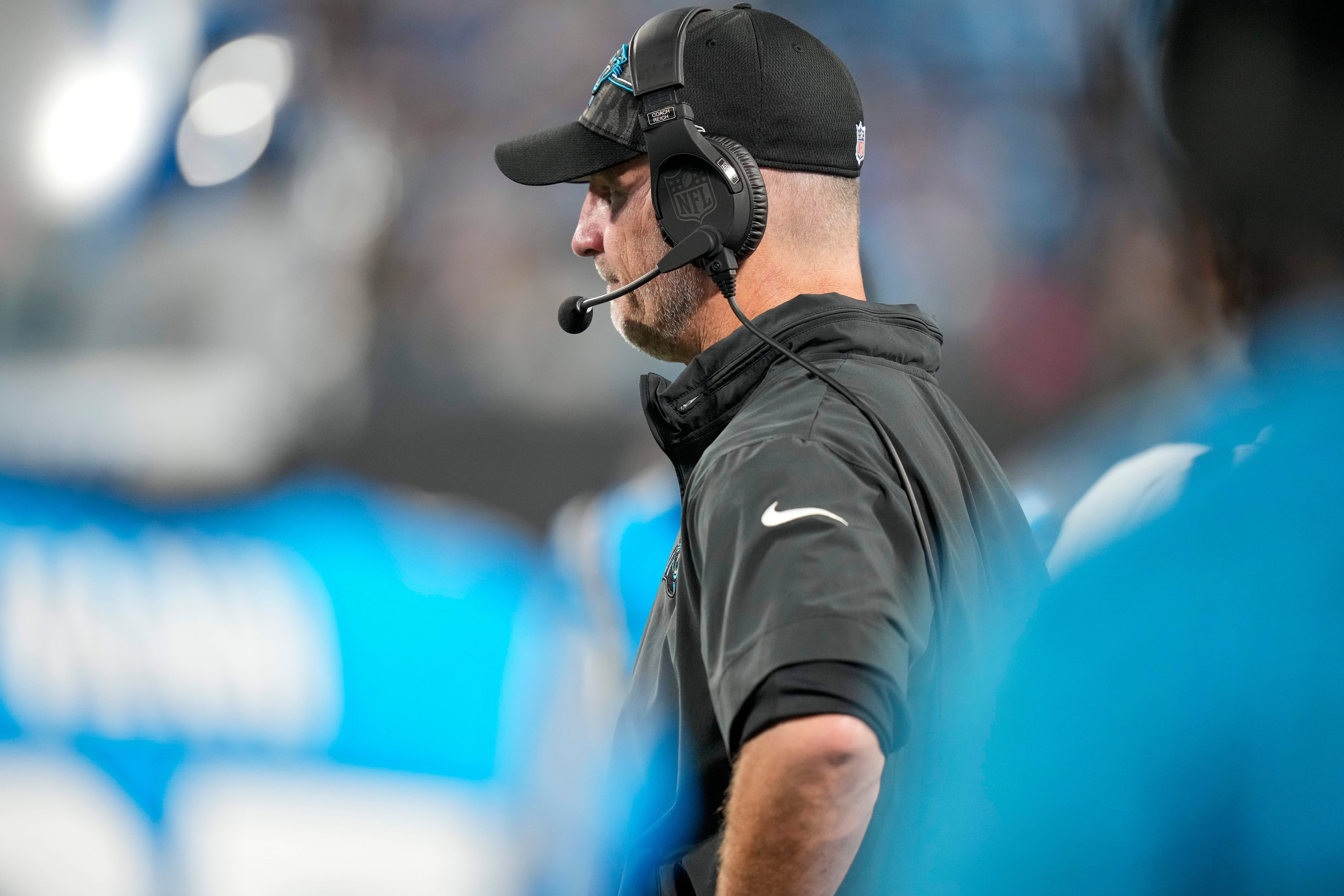 Aug 25, 2023; Charlotte, North Carolina, USA; Carolina Panthers head coach Frank Reich watches his second string offense during the second half against the Detroit Lions at Bank of America Stadium. Mandatory Credit: Jim Dedmon-USA TODAY Sports