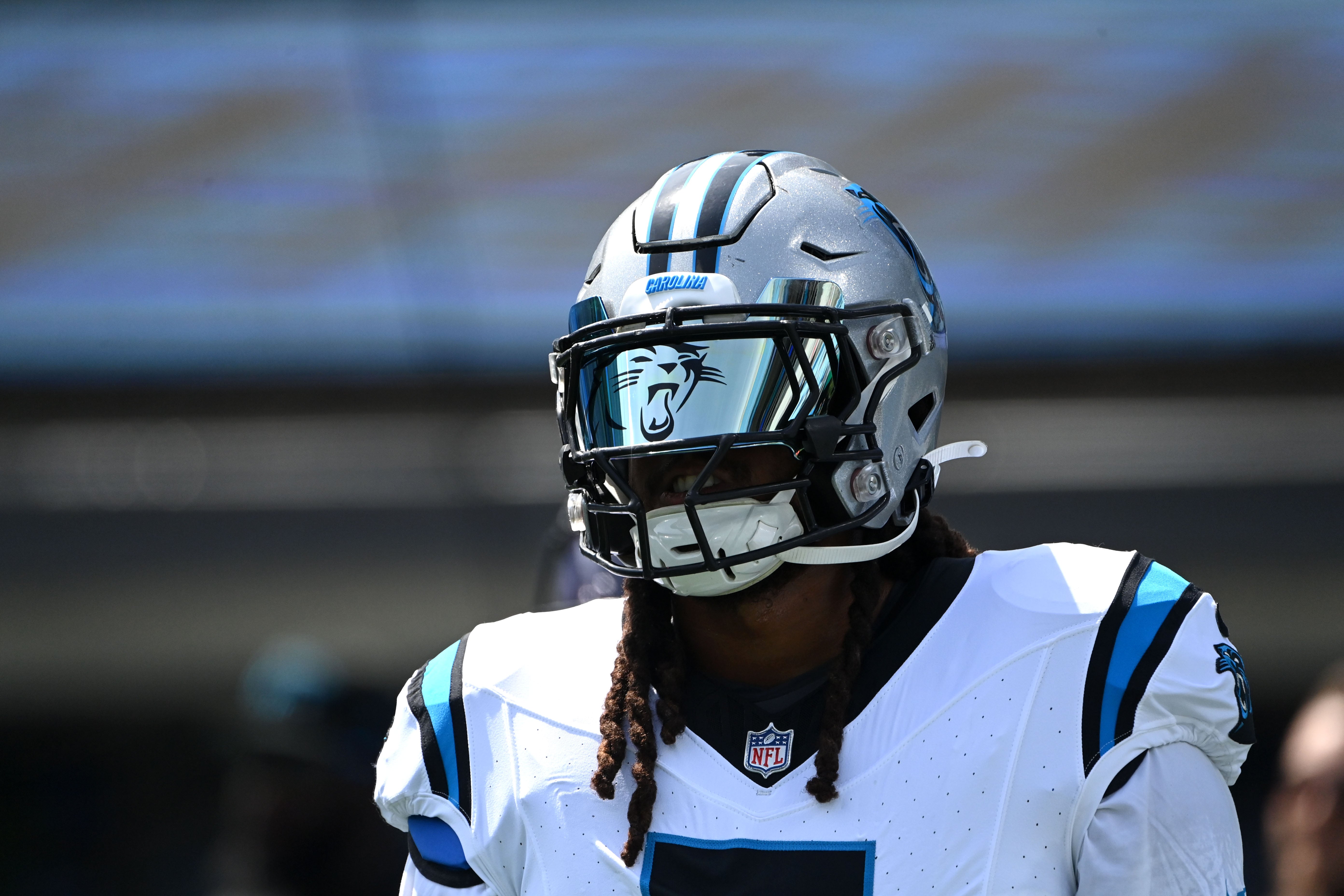 Aug 12, 2023; Charlotte, North Carolina, USA; Carolina Panthers linebacker Shaq Thompson (7) during pregame at Bank of America Stadium. Mandatory Credit: Bob Donnan-USA TODAY Sports.