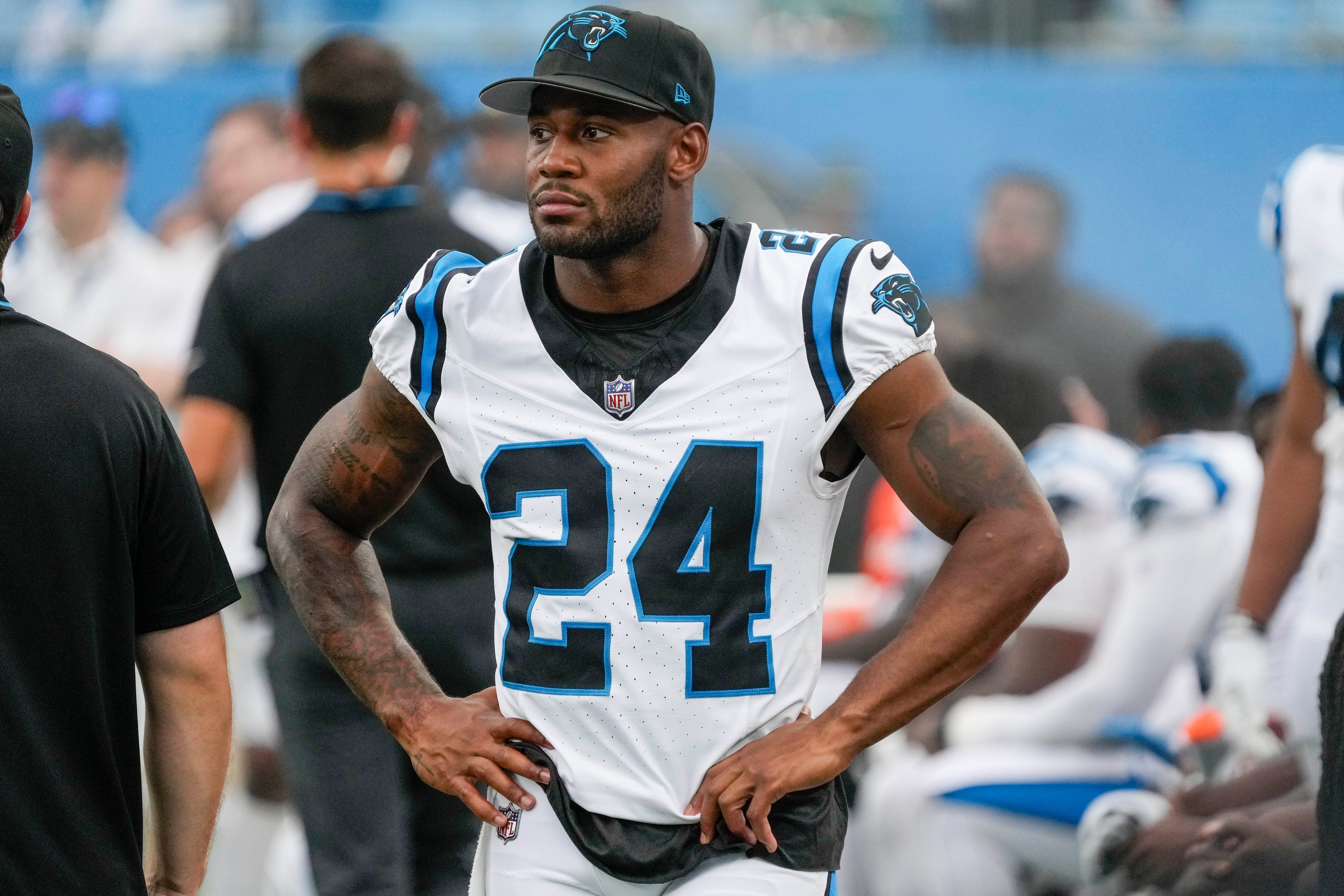 Aug 12, 2023; Charlotte, North Carolina, USA; Carolina Panthers safety Vonn Bell (24) during the second half against the New York Jets at Bank of America Stadium. Mandatory Credit: Jim Dedmon-USA TODAY Sports