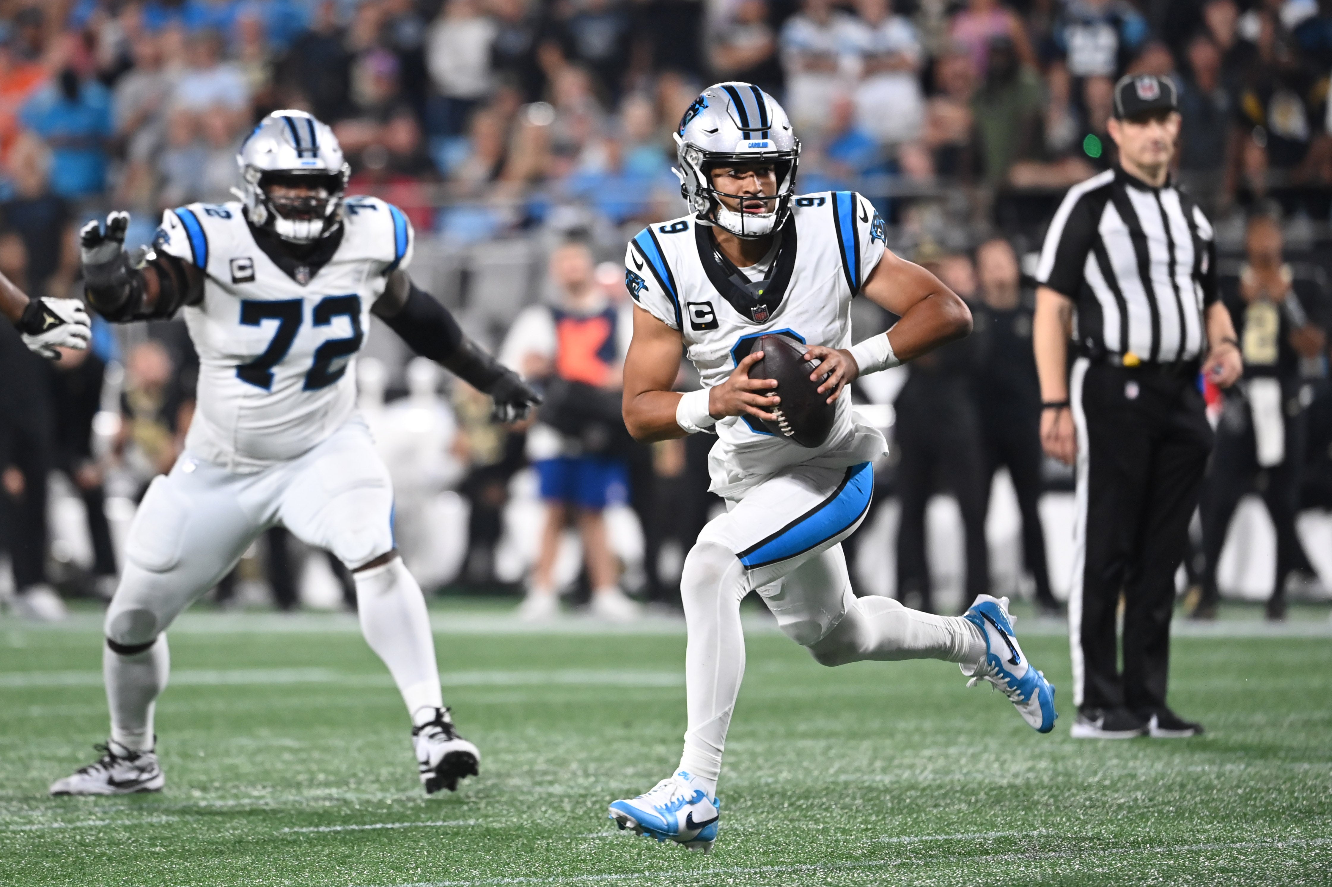 Sep 18, 2023; Charlotte, North Carolina, USA; Carolina Panthers quarterback Bryce Young (9) scrambles in the fourth quarter at Bank of America Stadium. Mandatory Credit: Bob Donnan-USA TODAY Sports