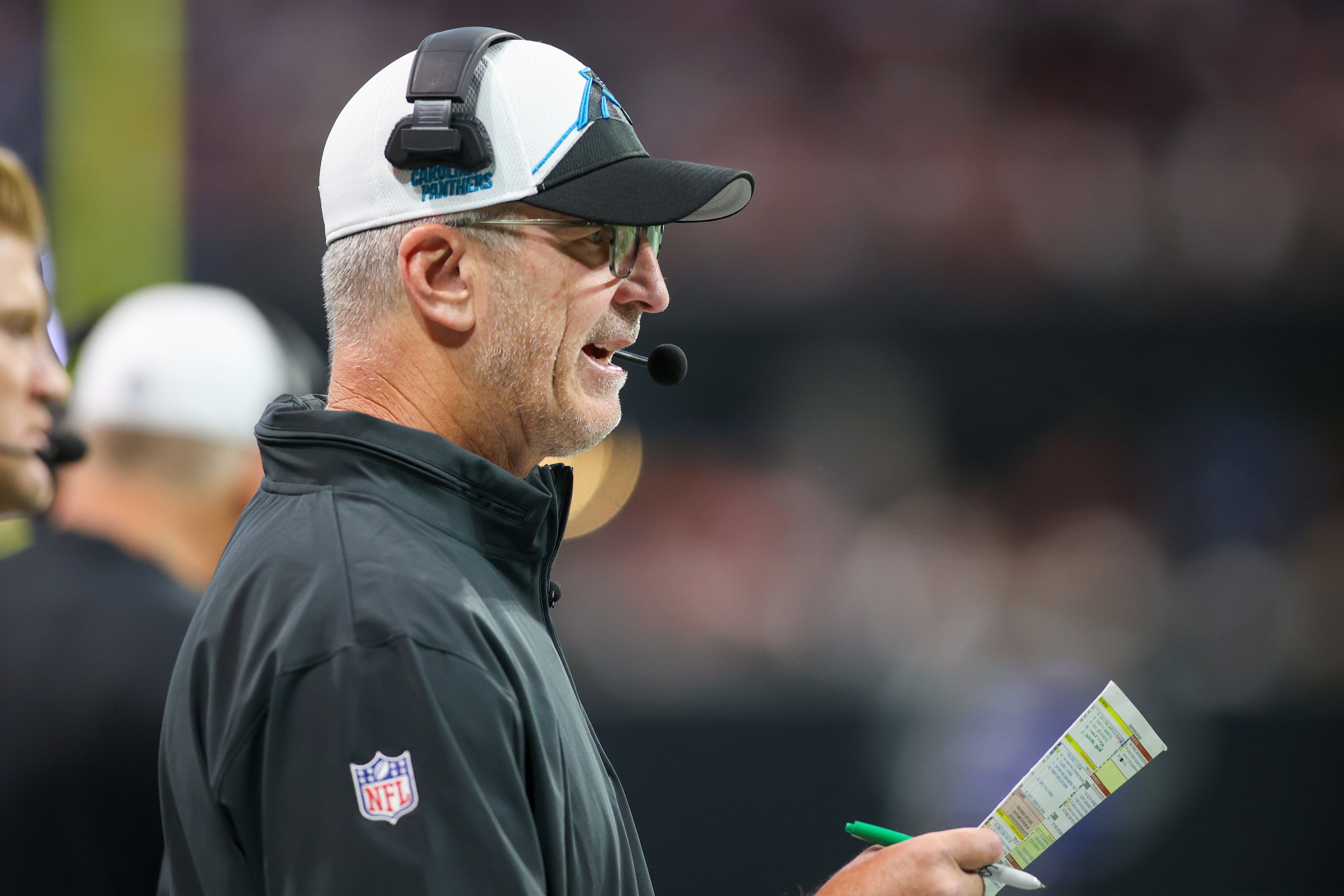 Sep 10, 2023; Atlanta, Georgia, USA; Carolina Panthers head coach Frank Reich on the sidelines against the Atlanta Falcons in the second half at Mercedes-Benz Stadium. Mandatory Credit: Brett Davis-USA TODAY Sports.