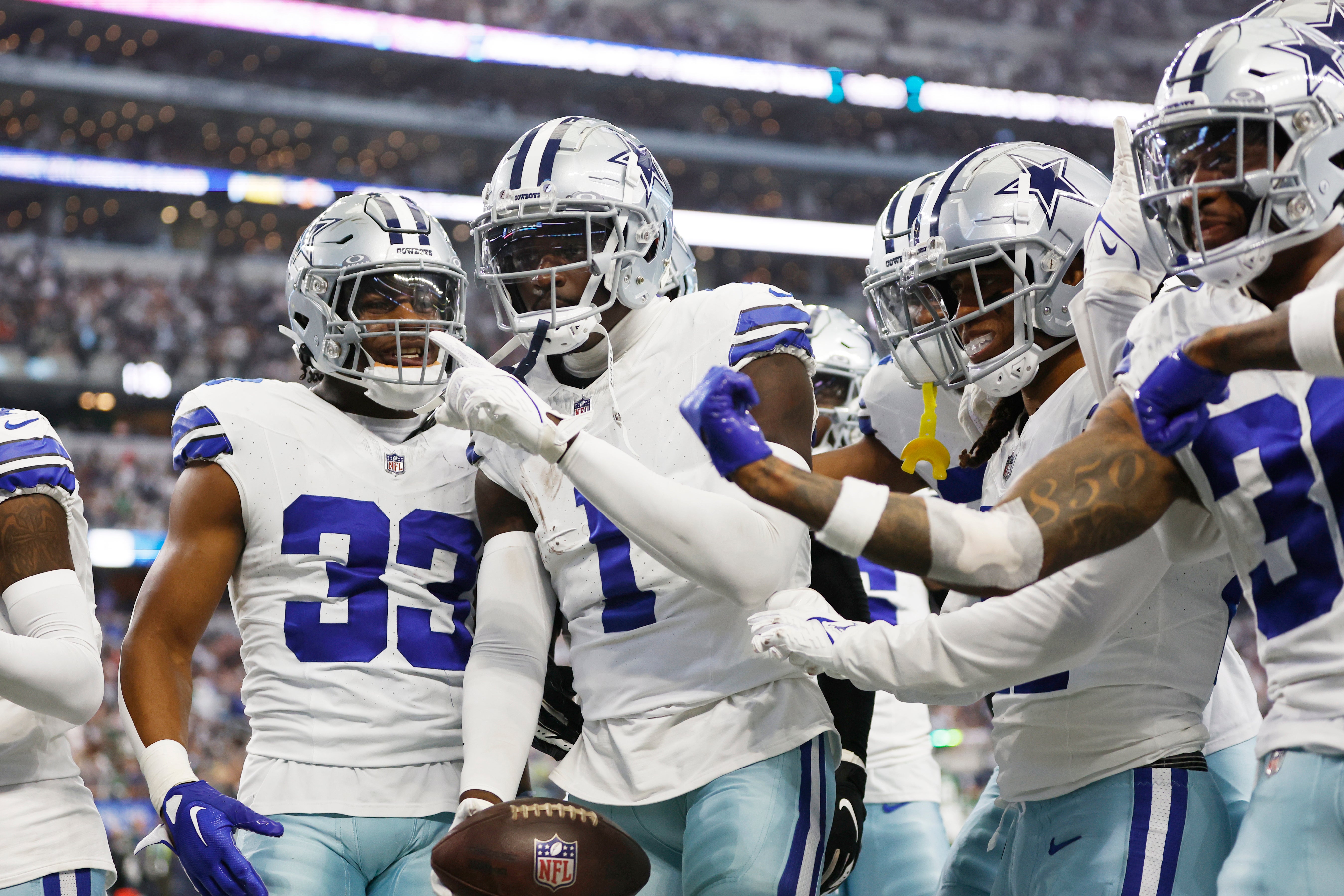 Dallas Cowboys safety Jayron Kearse (1) celebrates making an interception along with his teammates in the fourth quarter against the New York Jets at AT&T Stadium. Mandatory Credit: Tim Heitman-USA TODAY Sports