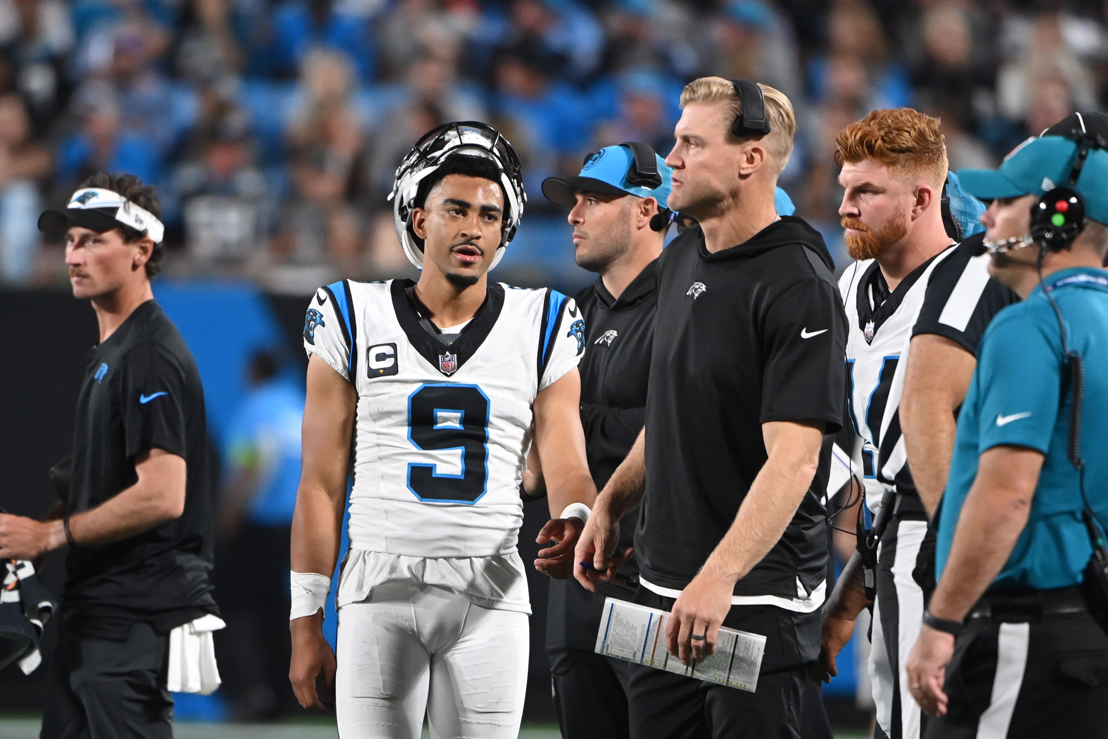 Sep 18, 2023; Charlotte, North Carolina, USA; Carolina Panthers quarterback Bryce Young (9) on the sidelines in the fourth quarter at Bank of America Stadium. Mandatory Credit: Bob Donnan-USA TODAY Sports