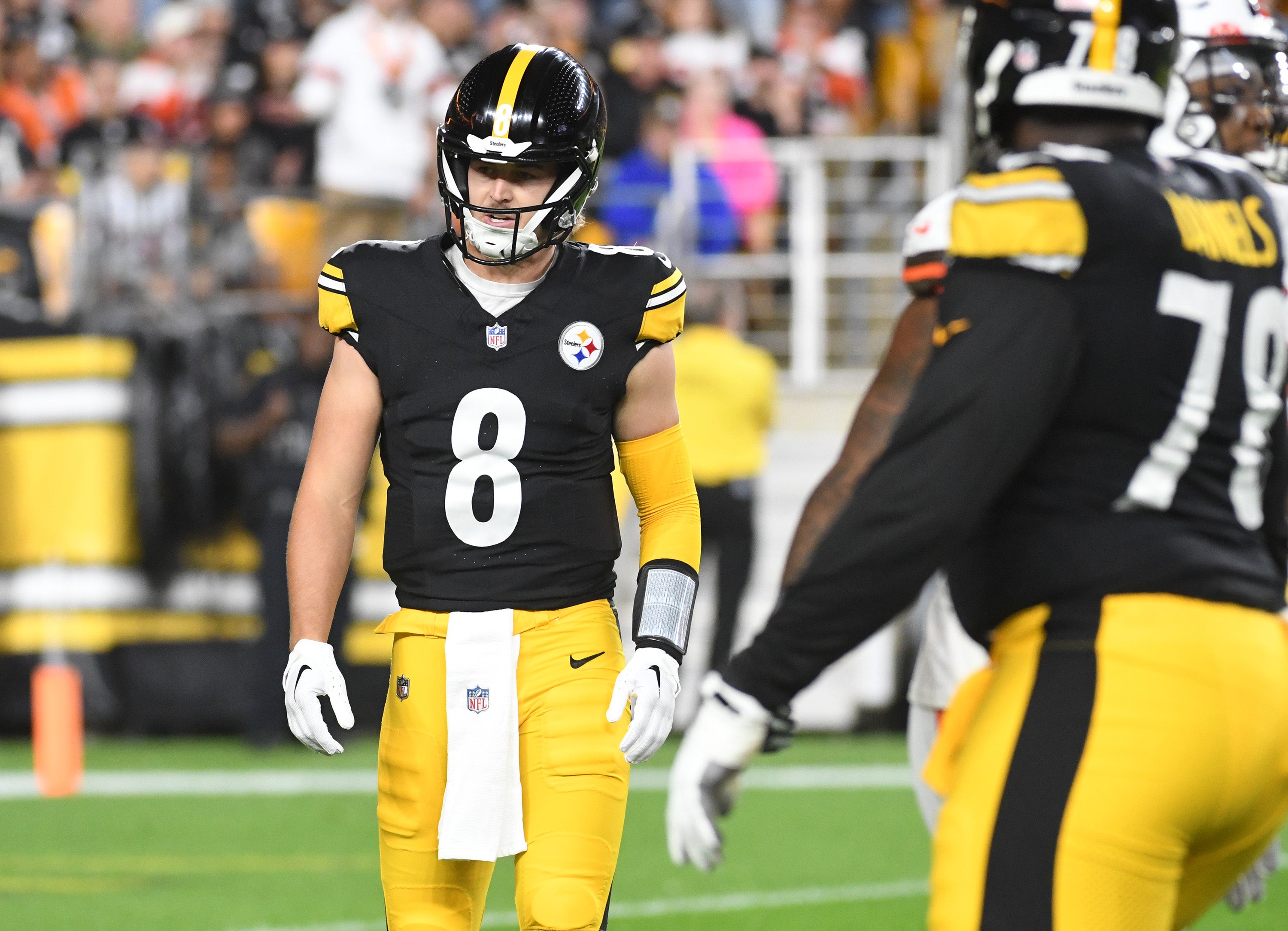 Sep 18, 2023; Pittsburgh, Pennsylvania, USA; Pittsburgh Steelers quarterback Kenny Pickett (8) walks off the field after the opening series of the first quarter against the Cleveland Browns at Acrisure Stadium. Mandatory Credit: Philip G. Pavely-USA TODAY Sports
