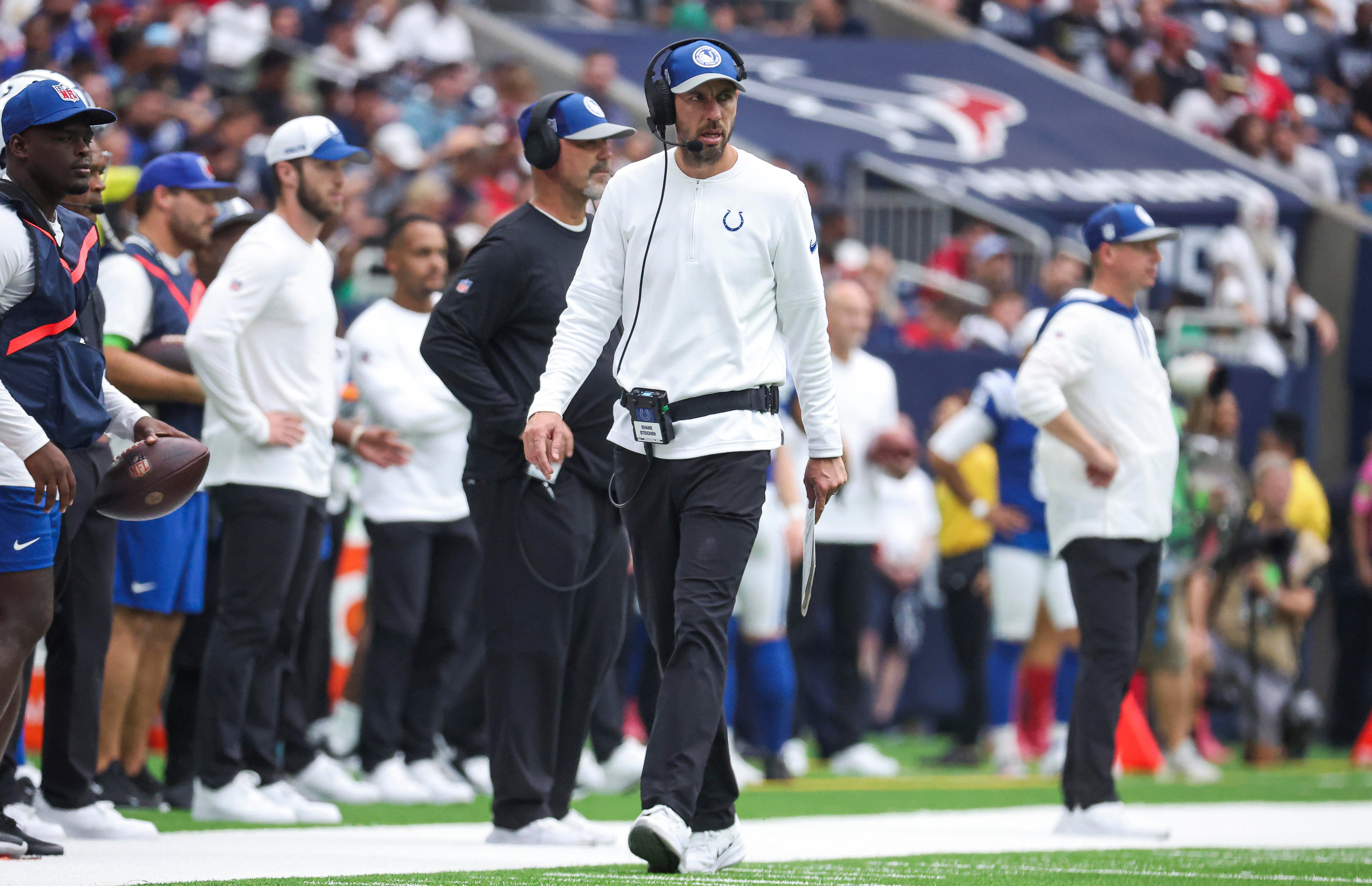Sep 17, 2023; Houston, Texas, USA; Indianapolis Colts head coach Shane Steichen on the sideline during the third quarter against the Houston Texans at NRG Stadium.