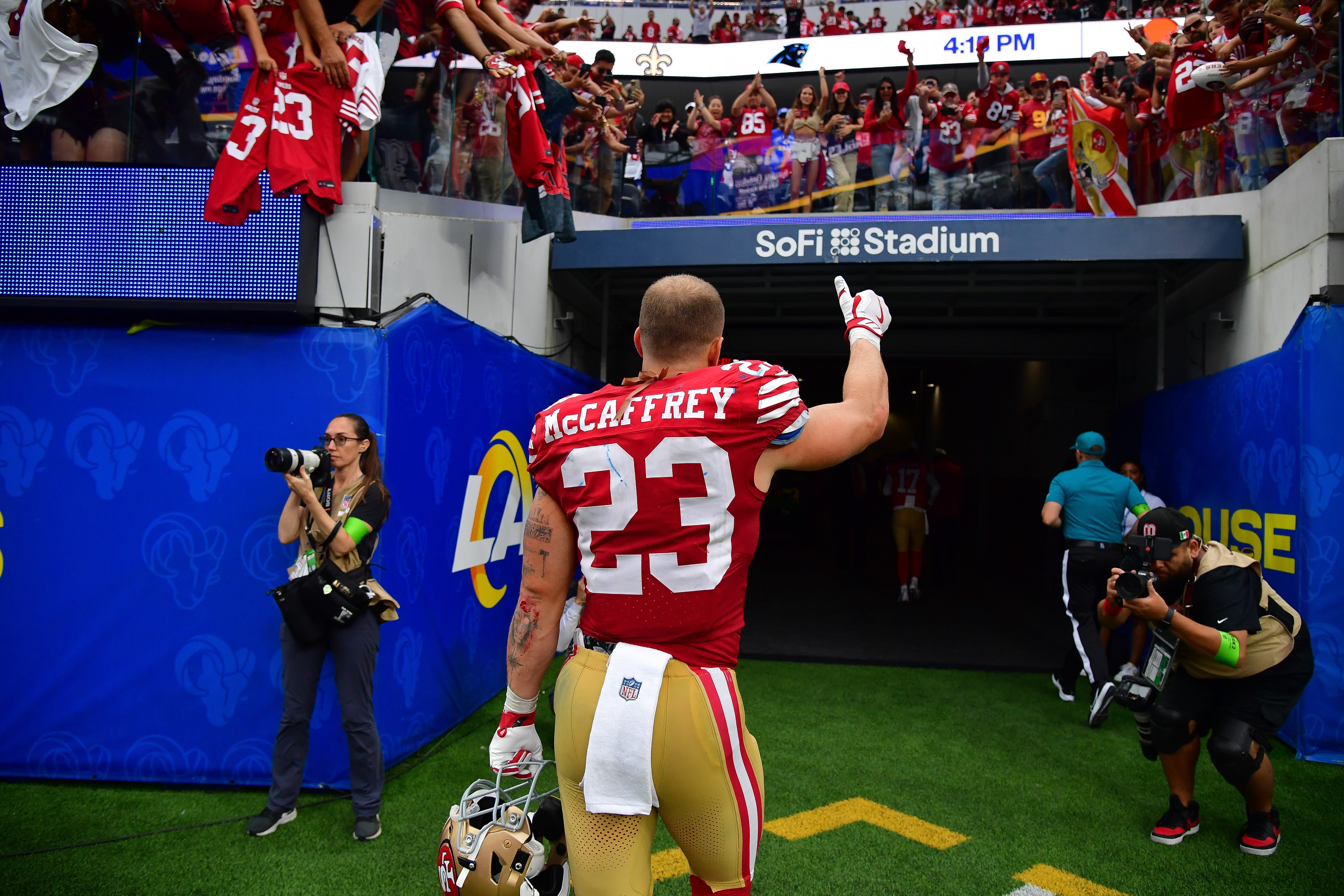 Sep 17, 2023; Inglewood, California, USA; San Francisco 49ers running back Christian McCaffrey (23) celebrates the victory against the Los Angeles Rams at SoFi Stadium. Mandatory Credit: Gary A. Vasquez-USA TODAY Sports