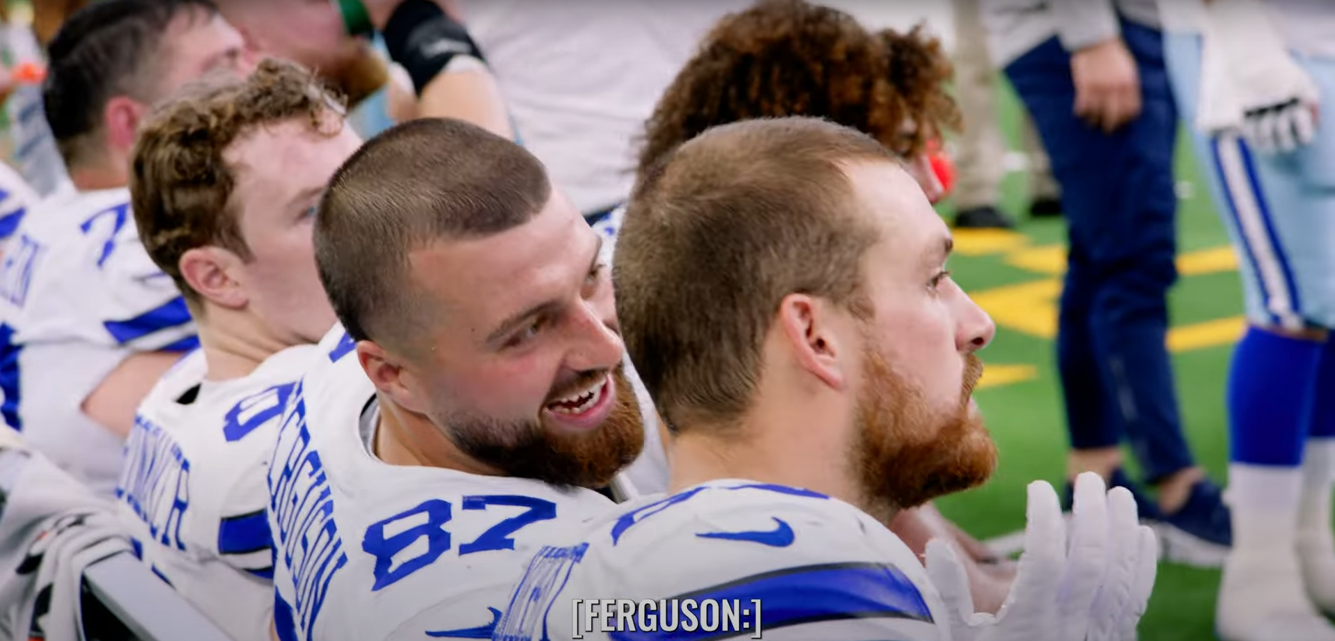 Jake Ferguson trolls New York Jets' C.J. Uzomah before the team's Week 2 win as caught by a team microphone. Via Dallas Cowboys YouTube.