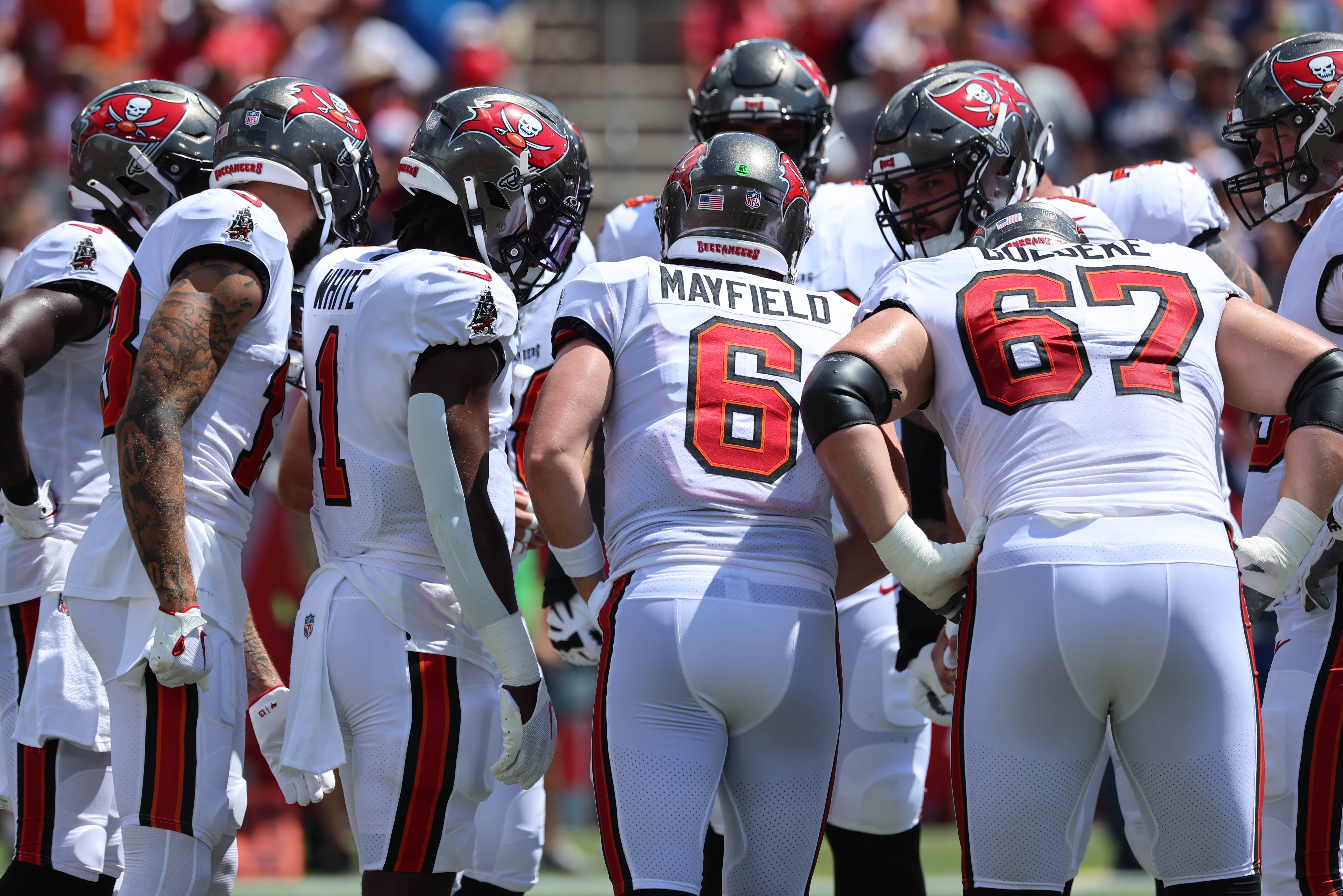 Sep 17, 2023; Tampa, Florida, USA; Tampa Bay Buccaneers quarterback Baker Mayfield (6) huddles up with teammates against the Chicago Bears during the first quarter at Raymond James Stadium. Mandatory Credit: Kim Klement Neitzel-USA TODAY Sports