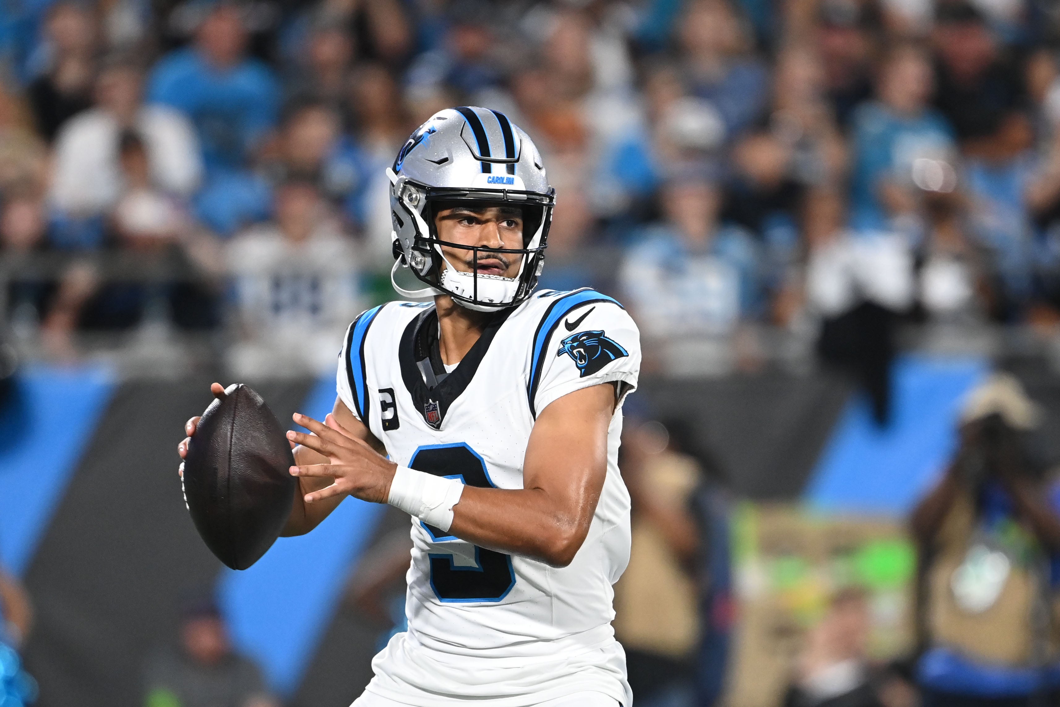 Sep 18, 2023; Charlotte, North Carolina, USA; Carolina Panthers quarterback Bryce Young (9) passes the ball in the second quarter at Bank of America Stadium. Mandatory Credit: Bob Donnan-USA TODAY Sports.