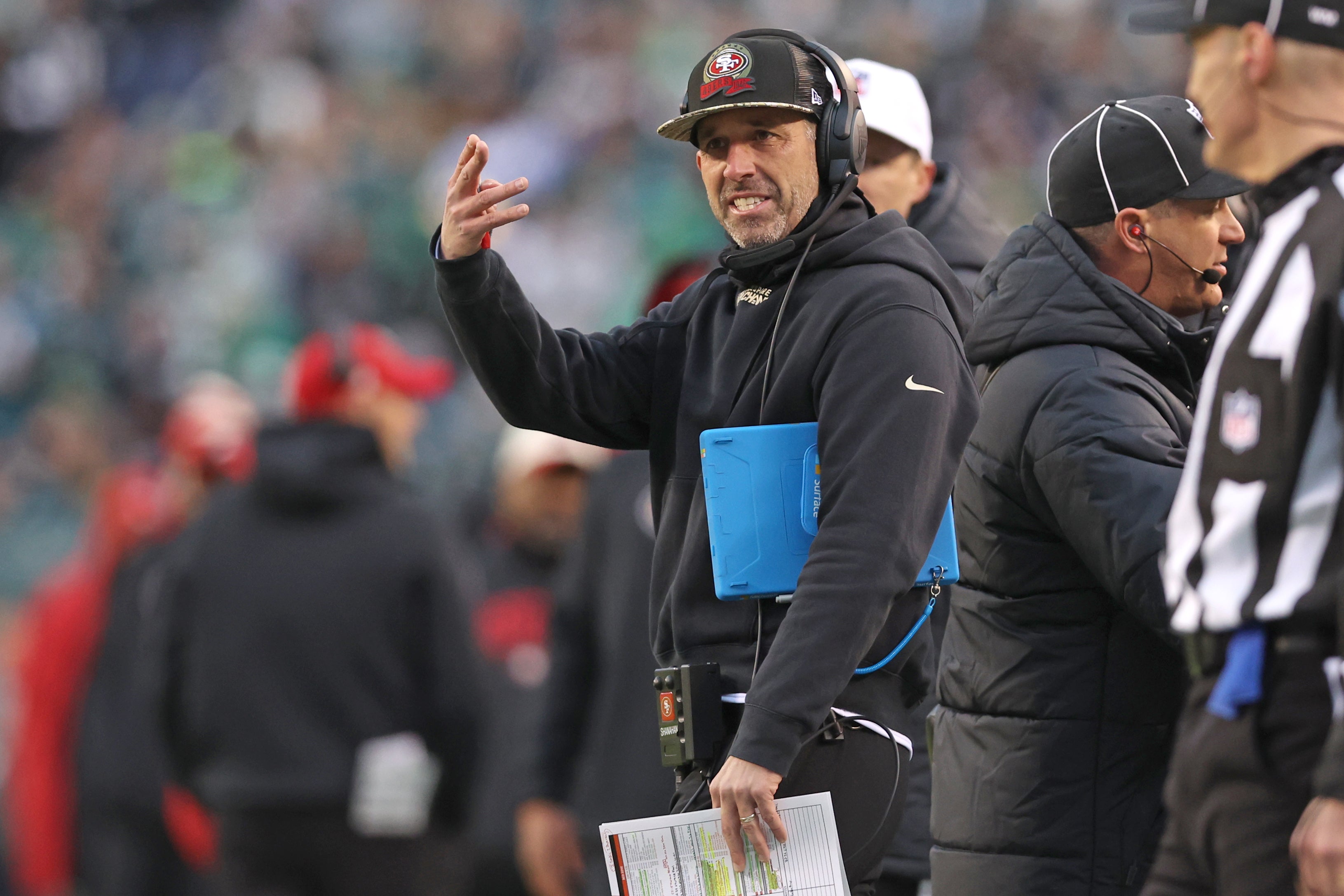 Jan 29, 2023; Philadelphia, Pennsylvania, USA; San Francisco 49ers head coach Kyle Shanahan on the sidelines against the Philadelphia Eagles during the second quarter in the NFC Championship game at Lincoln Financial Field. Mandatory Credit: Bill Streicher-USA TODAY Sports