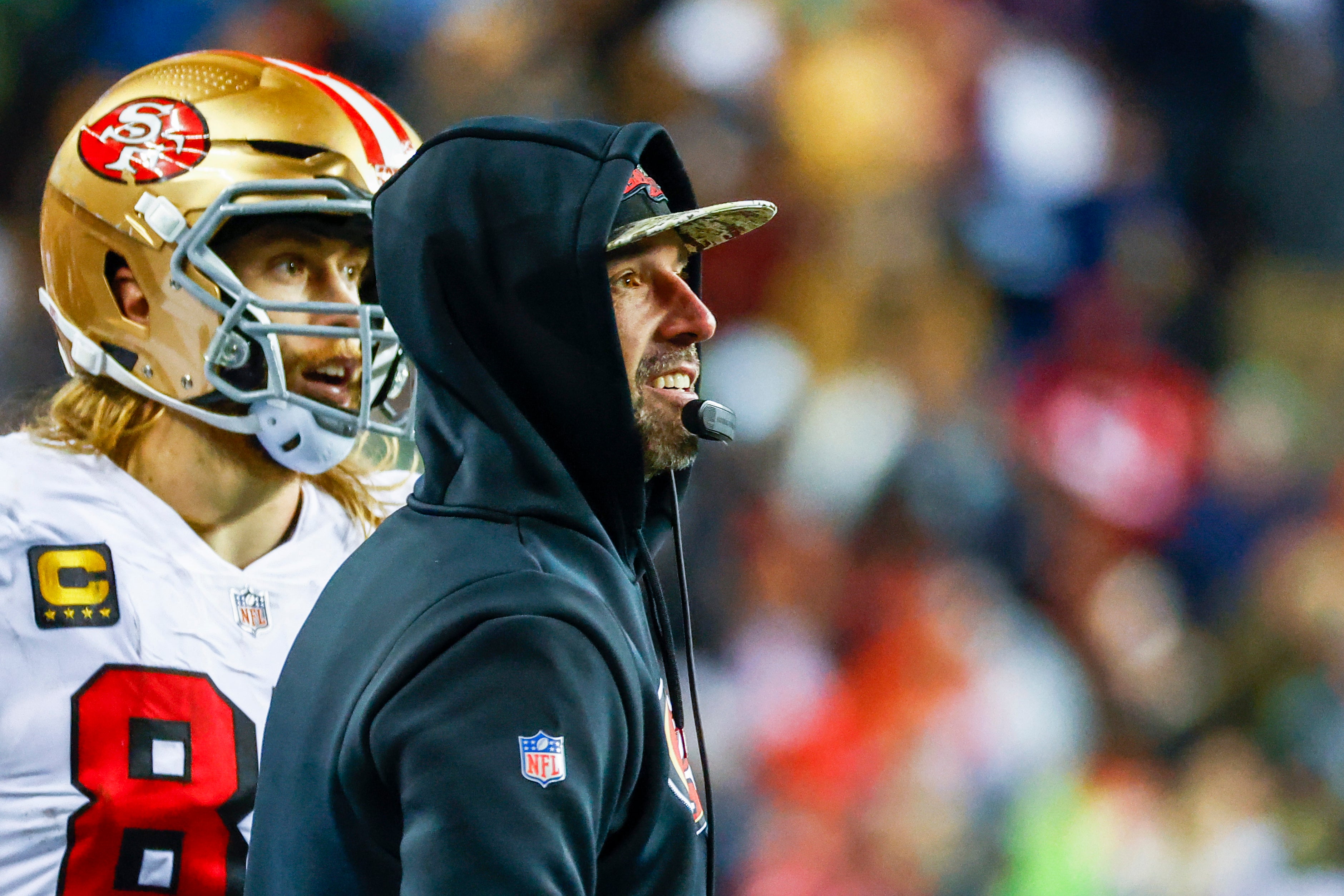 Dec 15, 2022; Seattle, Washington, USA; San Francisco 49ers head coach Kyle Shanahan stands on the sideline during the fourth quarter against the Seattle Seahawks at Lumen Field. Mandatory Credit: Joe Nicholson-USA TODAY Sports
