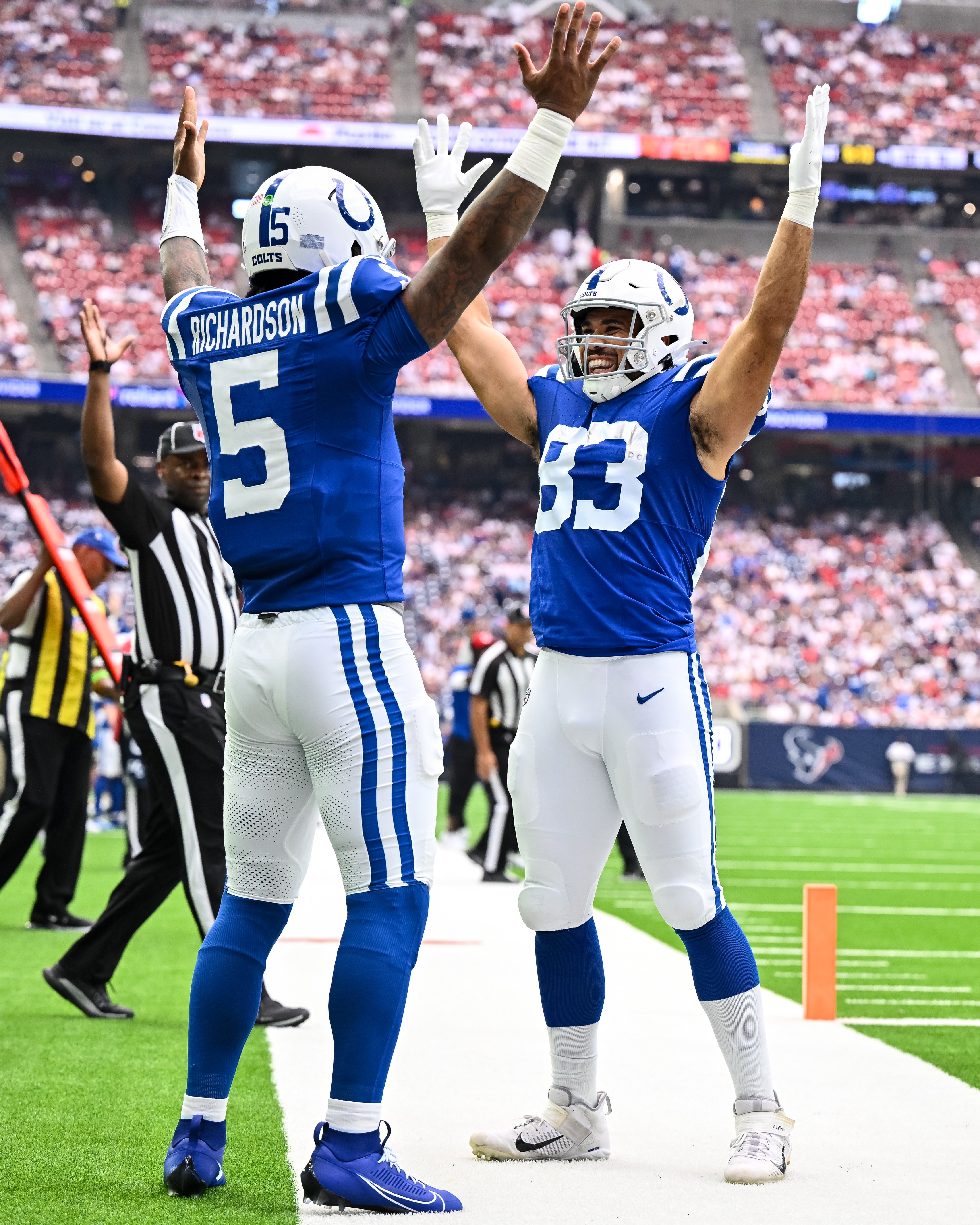 Sep 17, 2023; Houston, Texas, USA; Indianapolis Colts tight end Kylen Granson (83) celebrates with quarterback Anthony Richardson (5) after his touchdown in the first quarter against the Houston Texans at NRG Stadium.