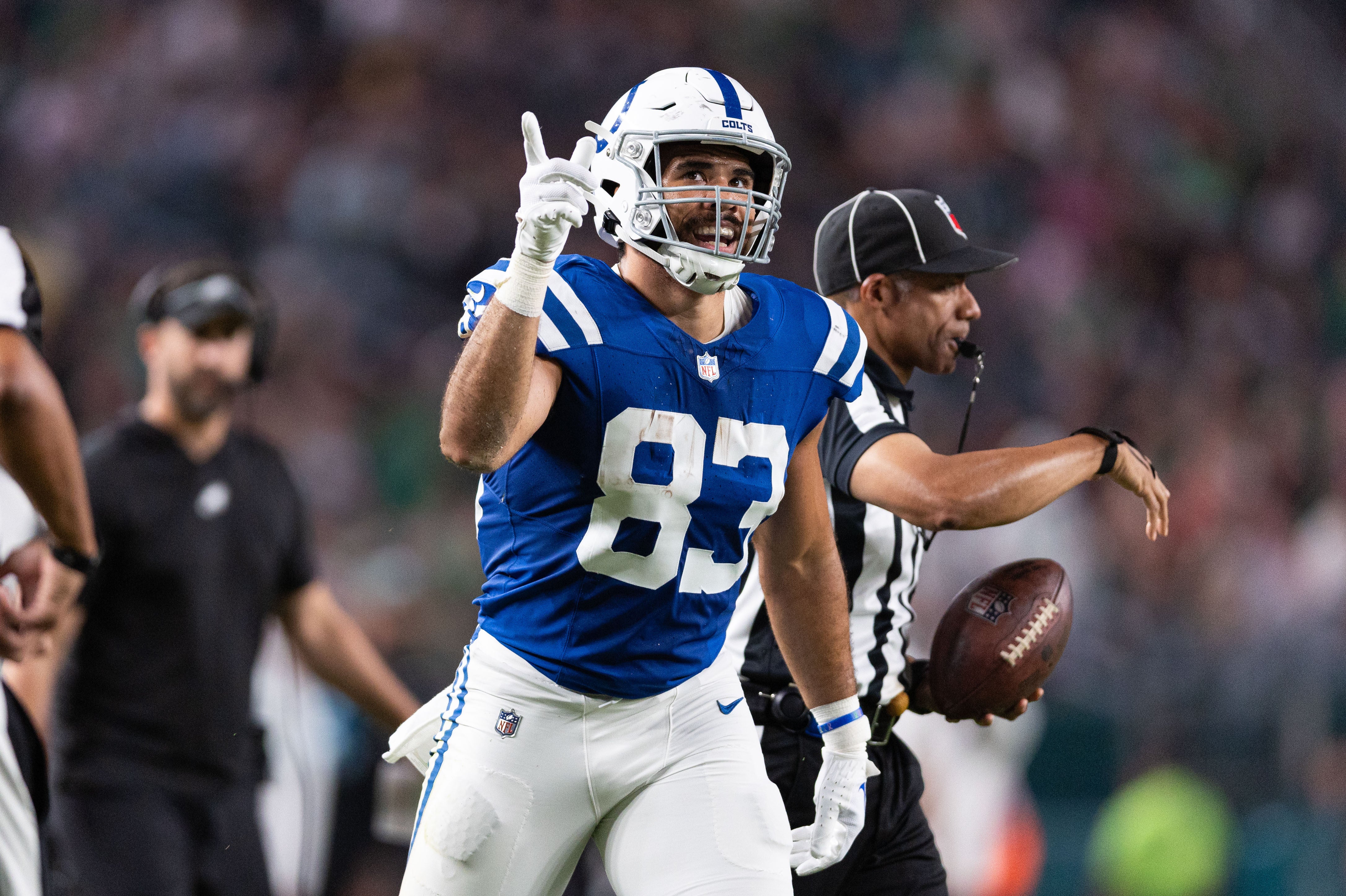 Aug 24, 2023; Philadelphia, Pennsylvania, USA; Indianapolis Colts tight end Kylen Granson (83) reacts against the Philadelphia Eagles at Lincoln Financial Field.