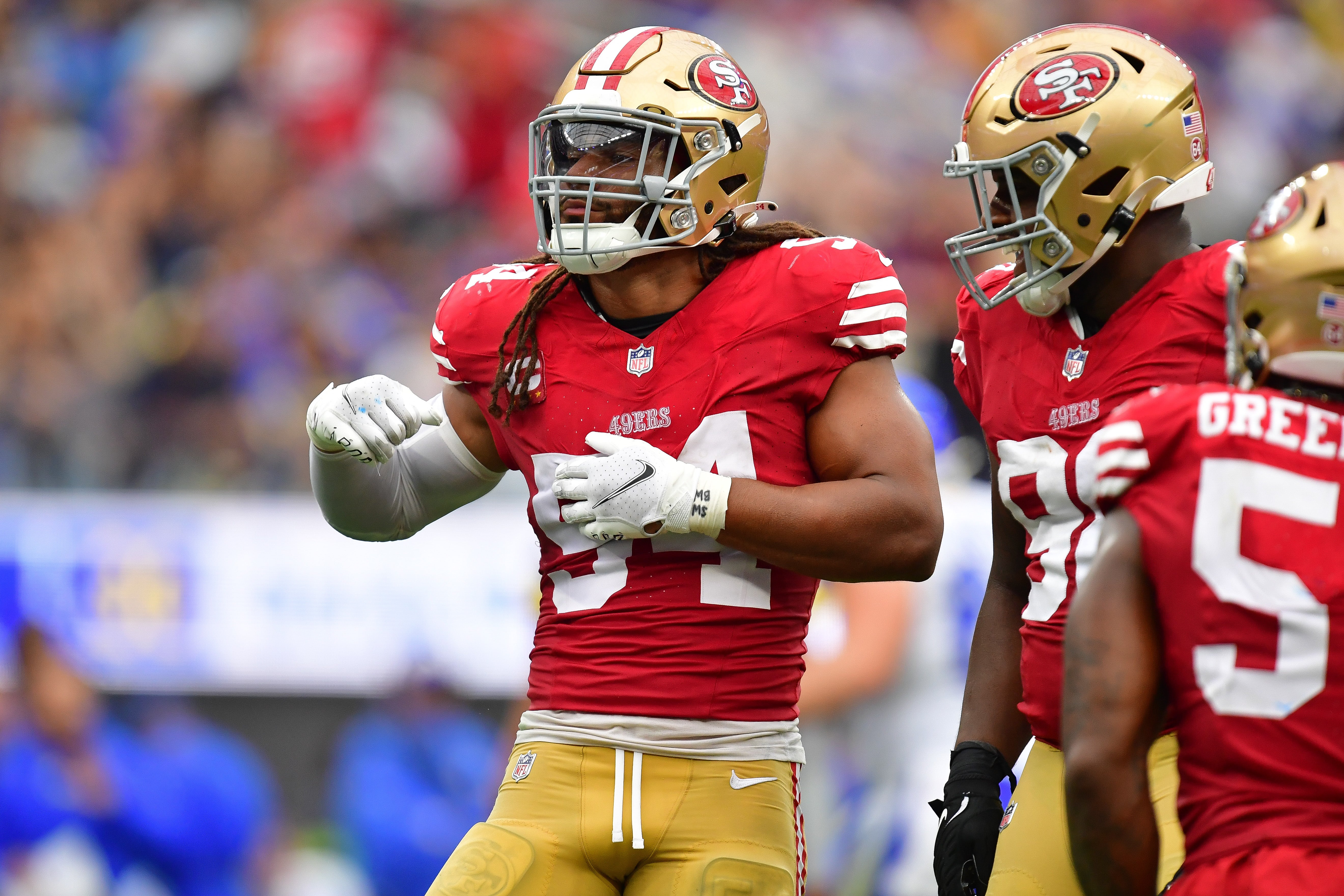 Sep 17, 2023; Inglewood, California, USA; San Francisco 49ers linebacker Fred Warner (54) celebrates after sacking Los Angeles Rams quarterback Matthew Stafford (9)during the second half at SoFi Stadium. Mandatory Credit: Gary A. Vasquez-USA TODAY Sports