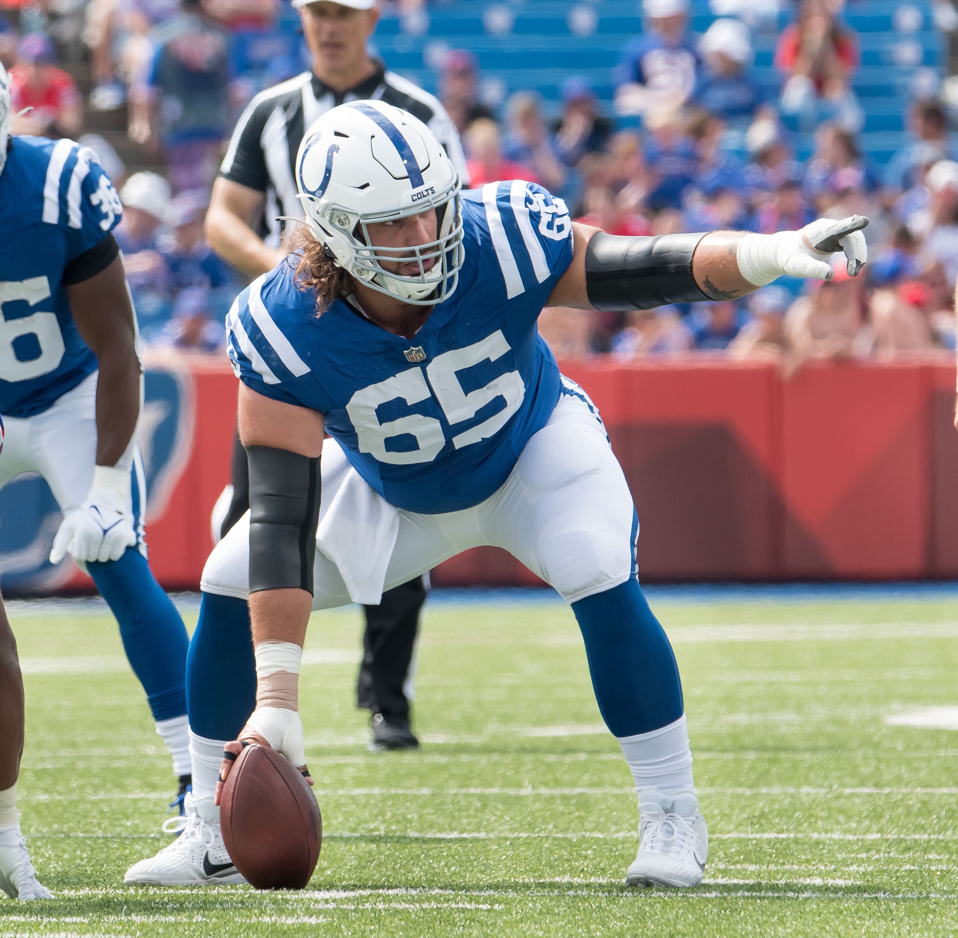 Aug 12, 2023; Orchard Park, New York, USA; Indianapolis Colts center Dakoda Shepley (65) at the line of scrimmage in the fourth quarter of a pre-season game against the Buffalo Bills at Highmark Stadium.