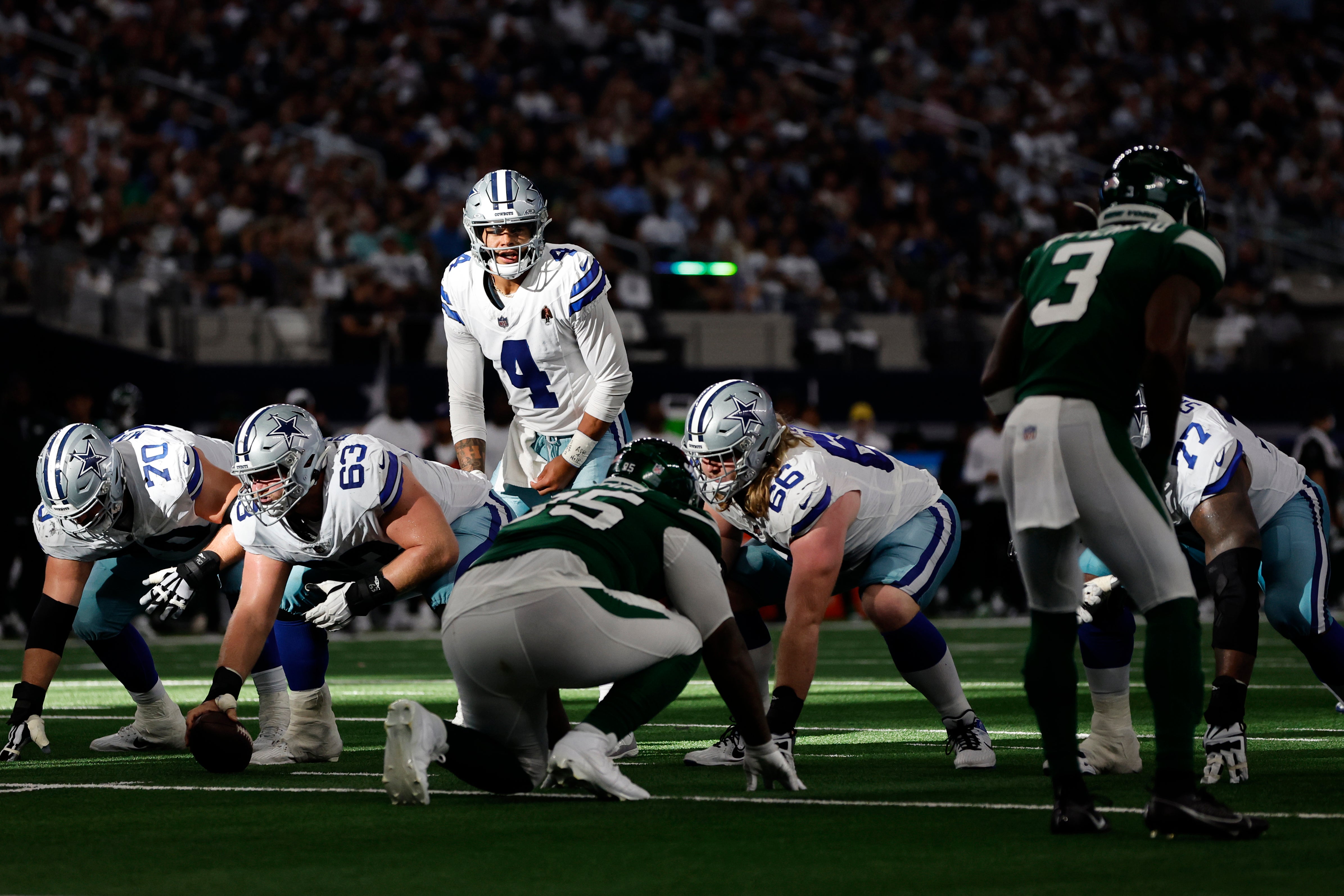 Dallas Cowboys quarterback Dak Prescott (4) calls a play at the line of scrimmage in the fourth quarter against the New York Jets at AT&T Stadium. Mandatory Credit: Tim Heitman-USA TODAY Sports