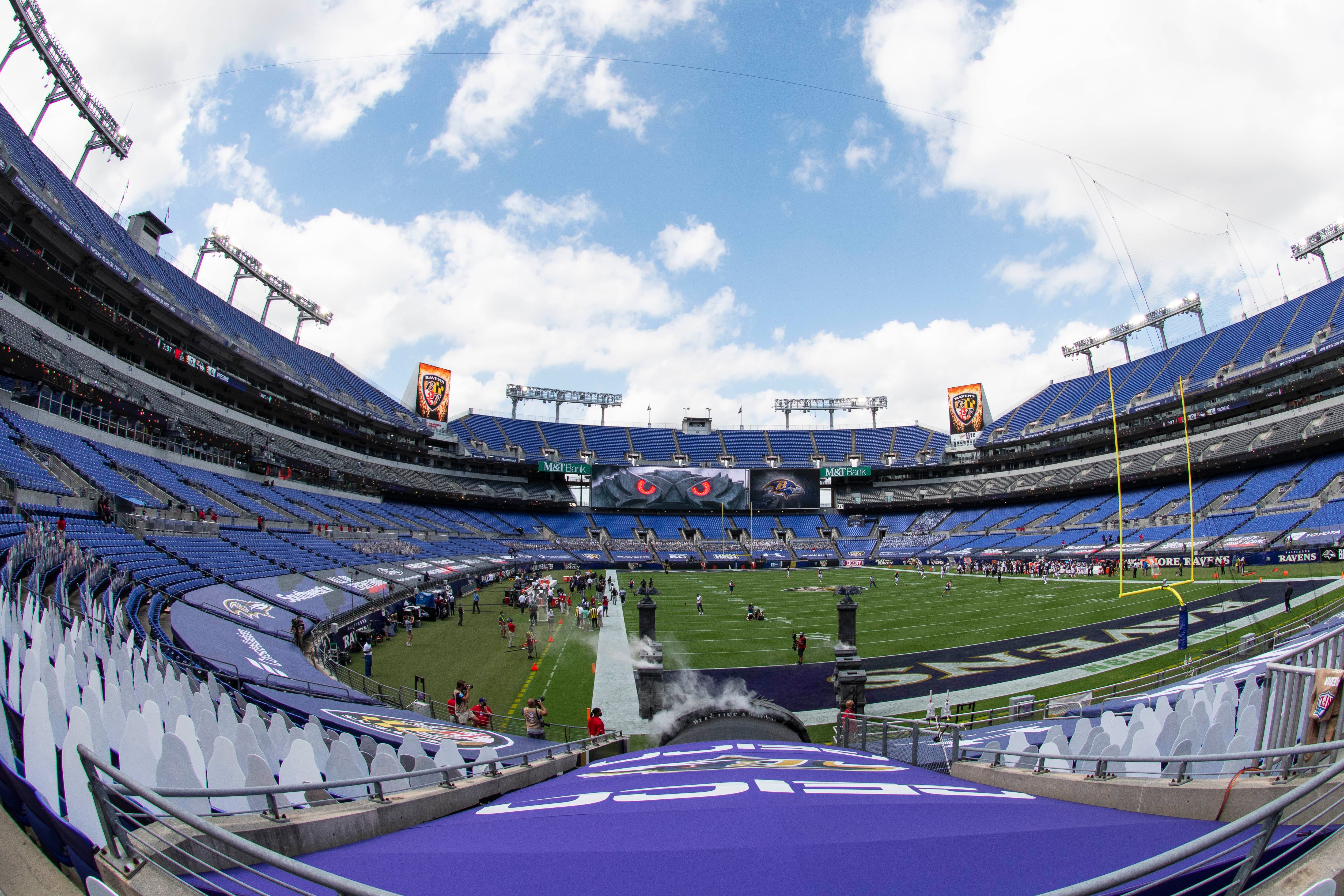 Sep 13, 2020; Baltimore, Maryland, USA; A general view from above the Baltimore Ravens entrance before the game against Cleveland Browns at M&T Bank Stadium.