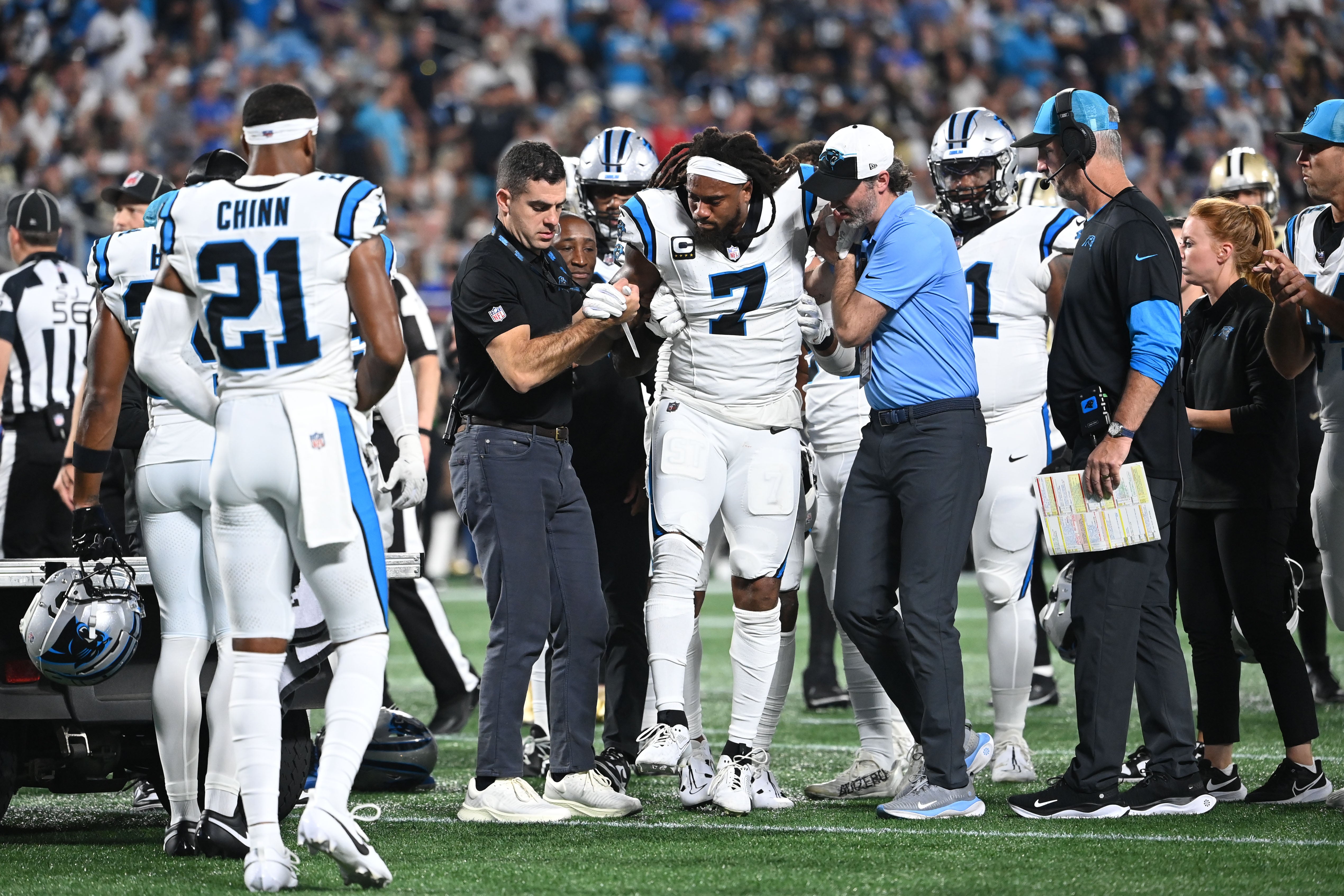 Sep 18, 2023; Charlotte, North Carolina, USA; Carolina Panthers linebacker Shaq Thompson (7) is injured and taken off the field on a cart in the first quarter at Bank of America Stadium. Mandatory Credit: Bob Donnan-USA TODAY Sports.