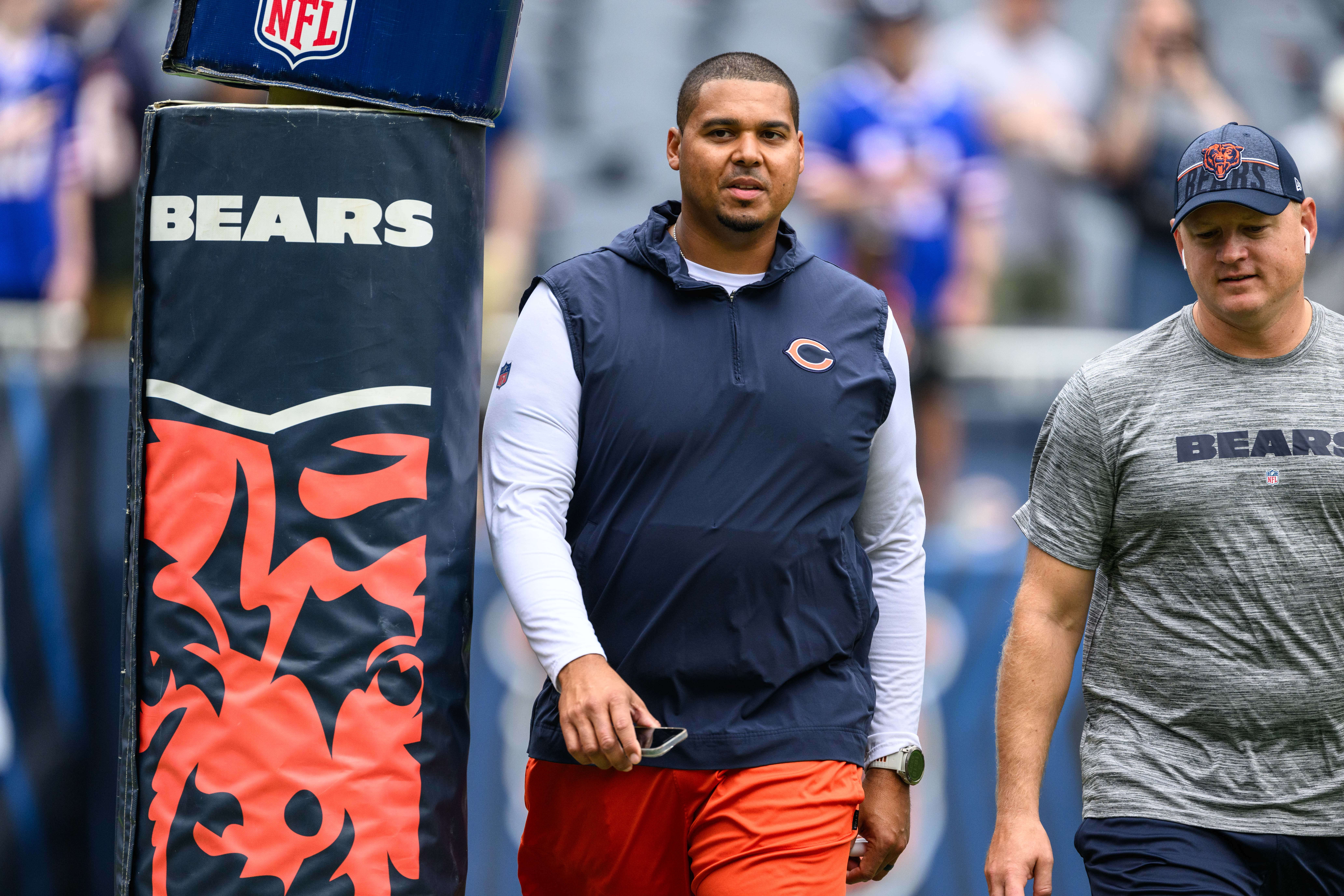 Aug 26, 2023; Chicago, Illinois, USA; Chicago Bears general manager Ryan Poles looks on before a game against the Buffalo Bills at Soldier Field. Mandatory Credit: Daniel Bartel-USA TODAY Sports