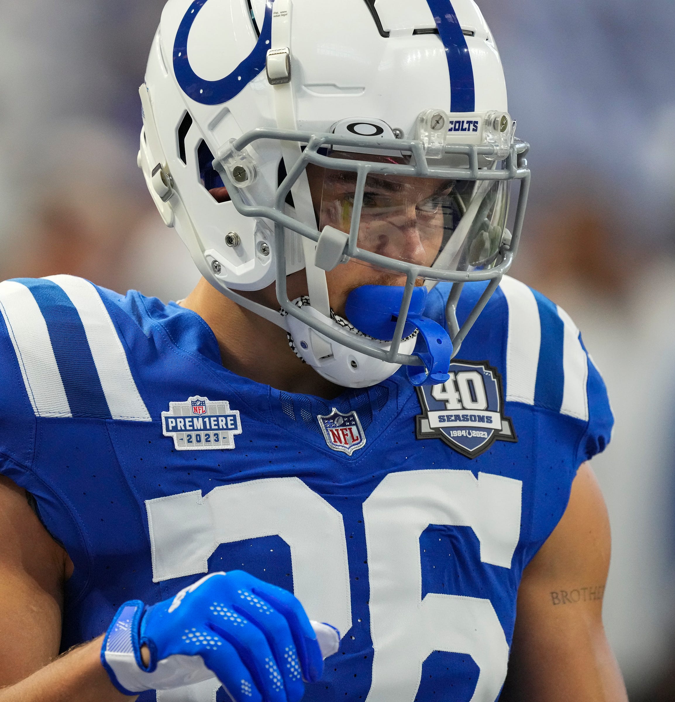 Indianapolis Colts running back Evan Hull (26) warms up before facing the Jacksonville Jaguars on Sunday, Sept. 10, 2023, at Lucas Oil Stadium in Indianapolis.