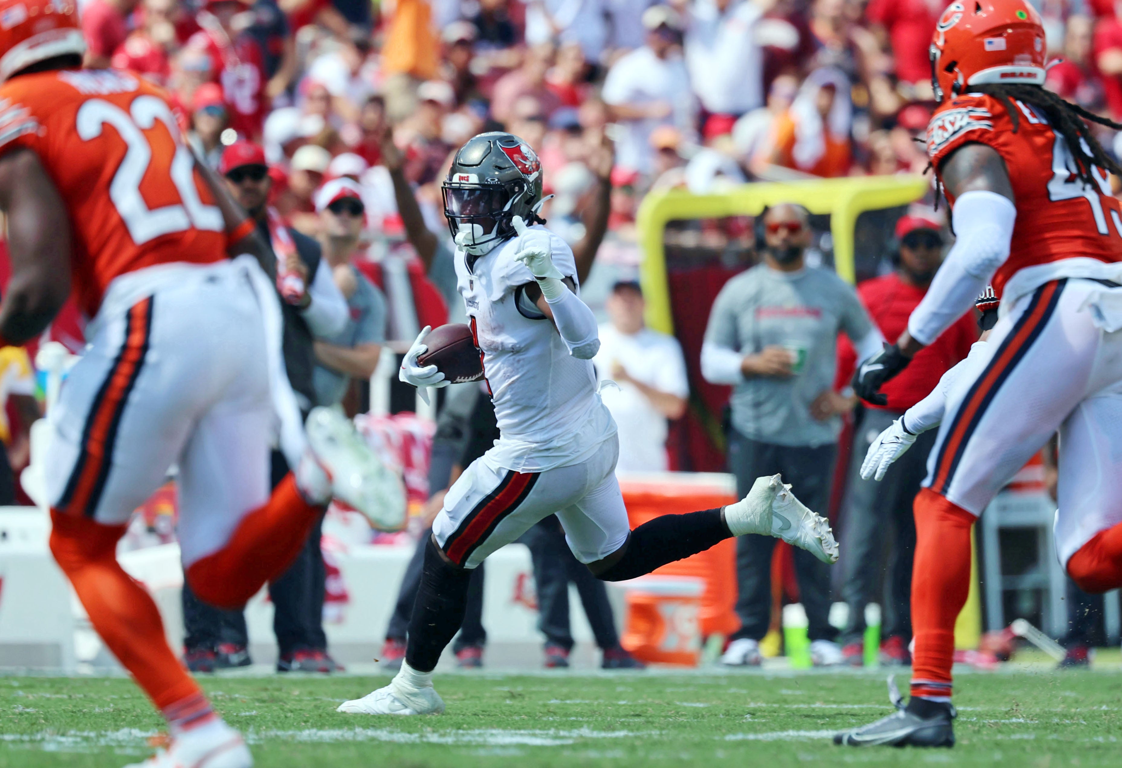 Sep 17, 2023; Tampa, Florida, USA; Tampa Bay Buccaneers running back Rachaad White (1) runs with the ball against the Chicago Bears during the second half at Raymond James Stadium. Mandatory Credit: Kim Klement Neitzel-USA TODAY Sports