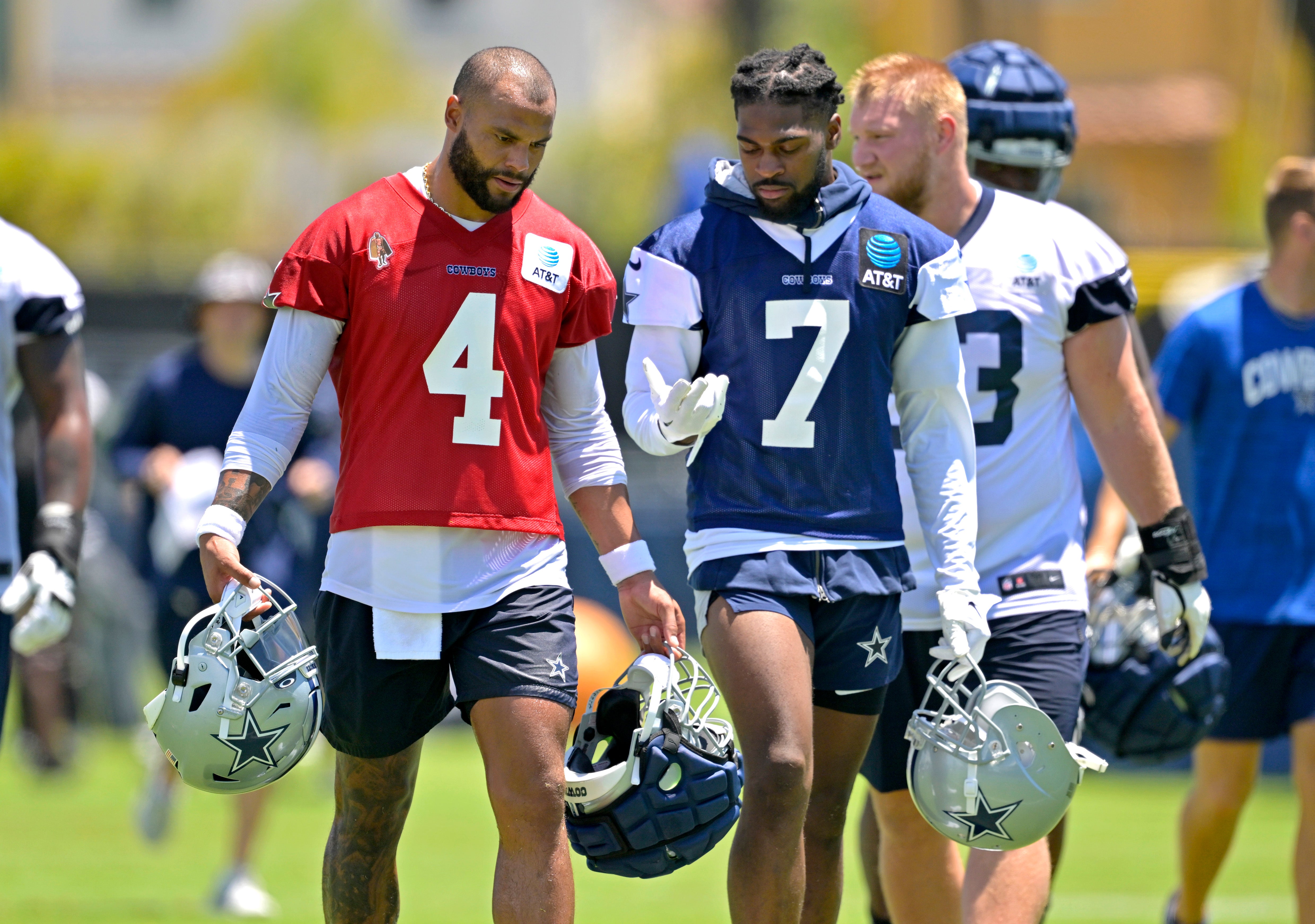 Dallas Cowboys quarterback Dak Prescott (4) talks with cornerback Trevon Diggs (7) during training camp at River Ridge Playing Fields in Oxnard, CA. Mandatory Credit: Jayne Kamin-Oncea-USA TODAY Sports