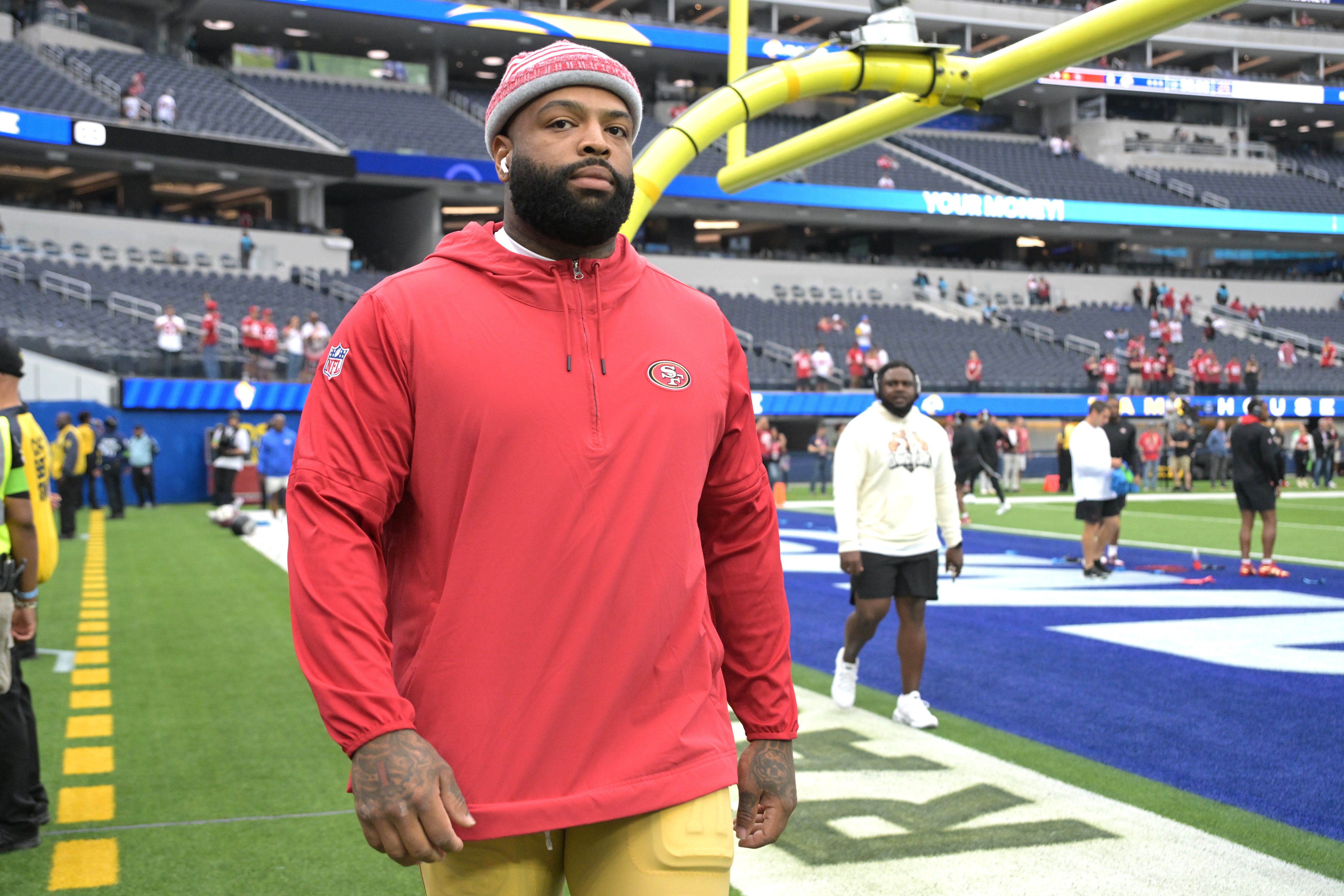 Sep 17, 2023; Inglewood, California, USA; San Francisco 49ers offensive tackle Trent Williams (71) warms up prior to the game against the Los Angeles Rams at SoFi Stadium. Mandatory Credit: Jayne Kamin-Oncea-USA TODAY Sports