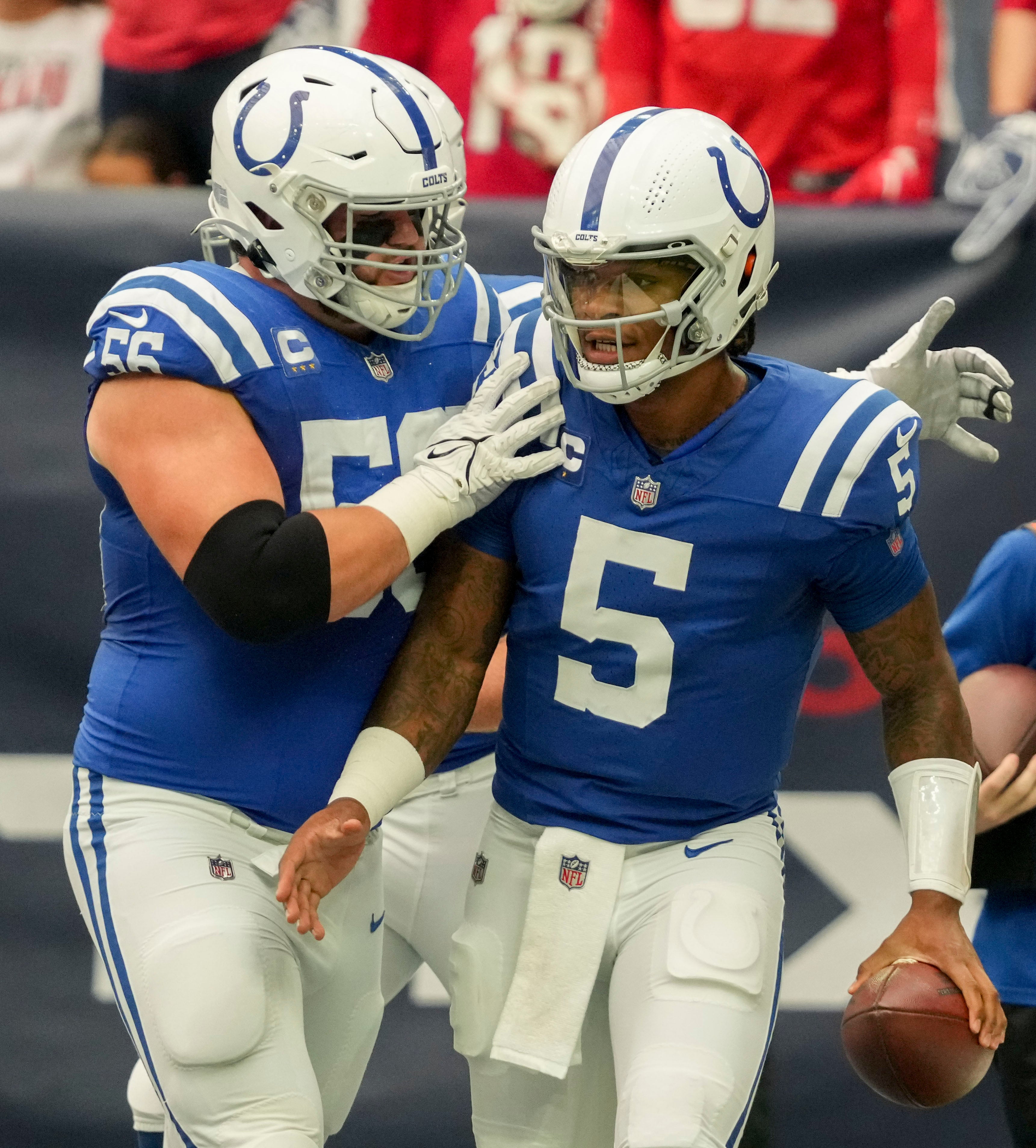 Sep 17, 2023; Houston, Texas, USA; Indianapolis Colts guard Quenton Nelson (56) celebrates with Indianapolis Colts quarterback Anthony Richardson (5) after a touchdown Sunday, Sept. 17, 2023, during a game against the Houston Texans at NRG Stadium.