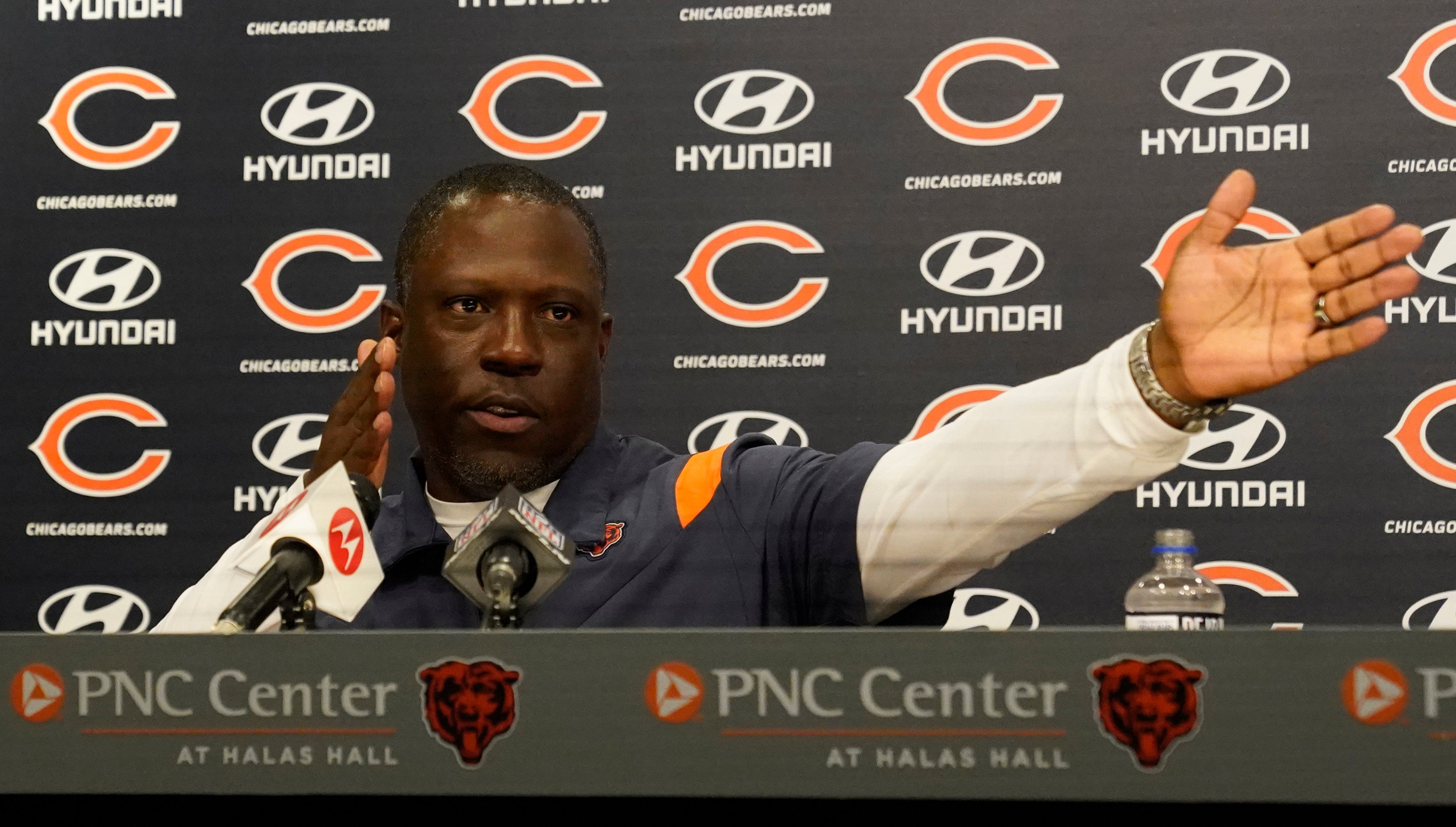 Jul 30, 2022; Lake Forest Illinois, US; Chicago Bears defensive coordinator Alan Williams answers questions after training camp at Halas Hall. Mandatory Credit: David Banks-USA TODAY Sports