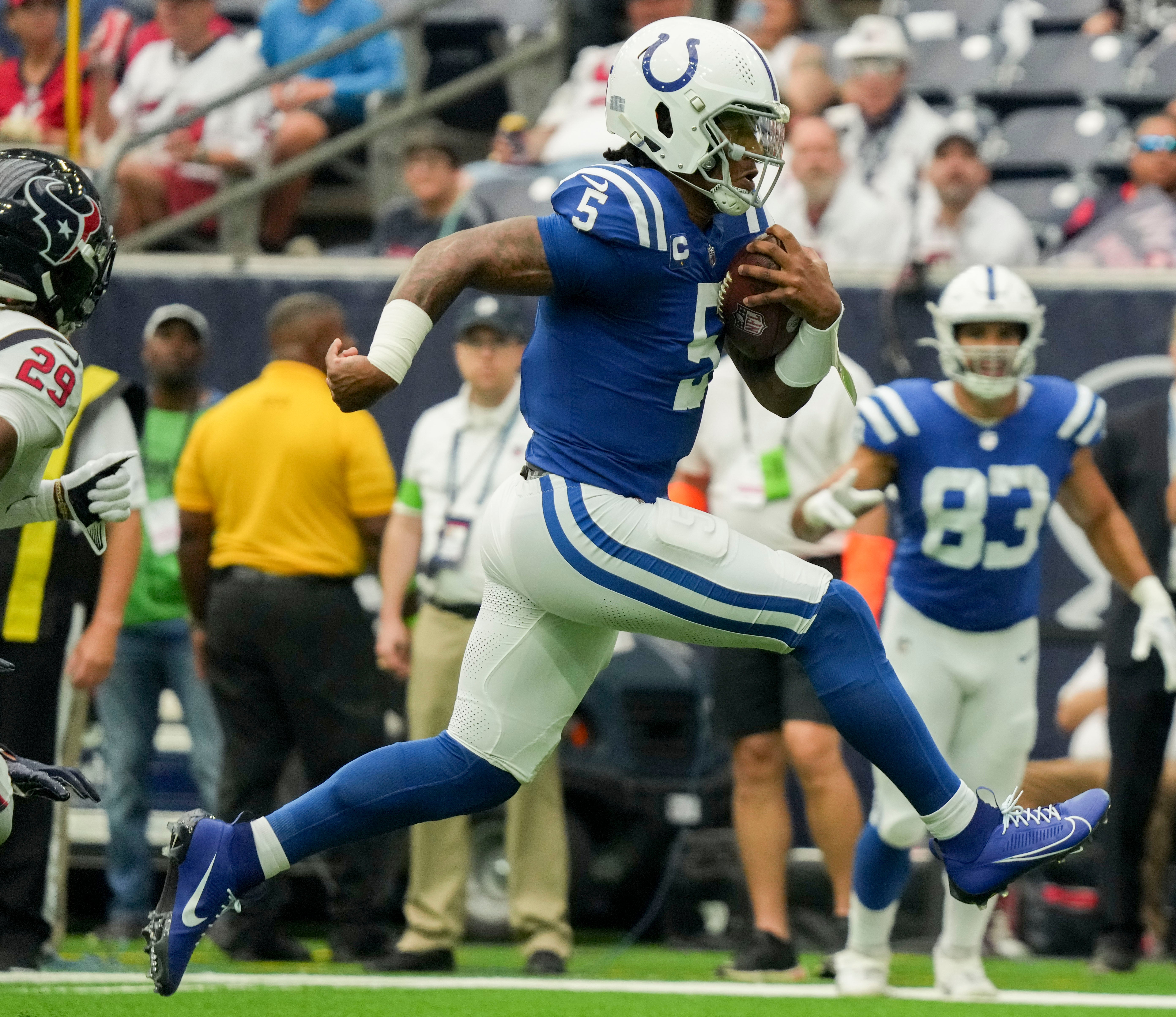 Sep 17, 2023; Houston, Texas, USA; Indianapolis Colts quarterback Anthony Richardson (5) rushes for a touchdown Sunday, Sept. 17, 2023, during a game against the Houston Texans at NRG Stadium.