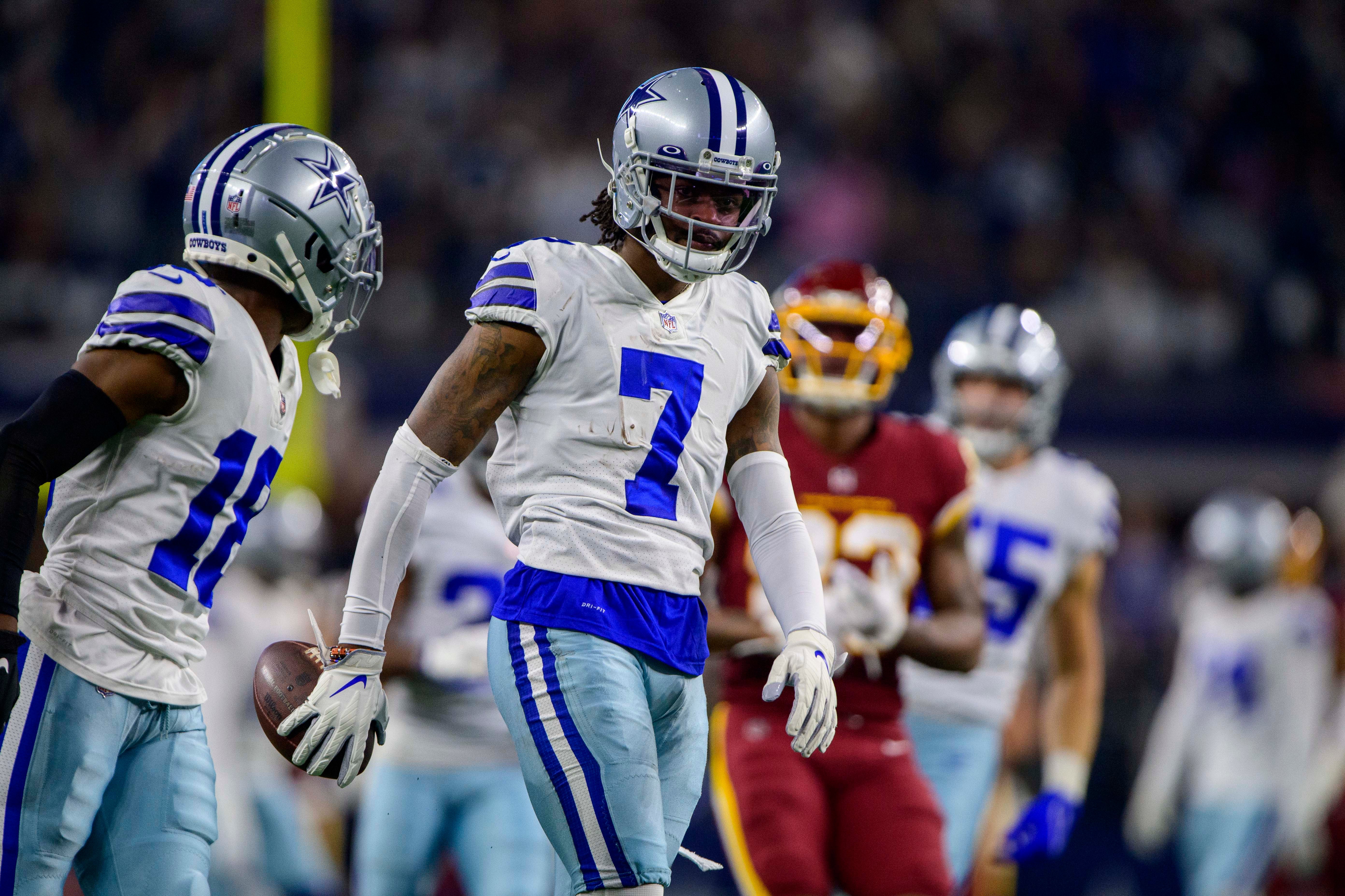 Dallas Cowboys free safety Damontae Kazee (18) and cornerback Trevon Diggs (7) in action during the game between the Washington Football Team and the Dallas Cowboys at AT&T Stadium. Mandatory Credit: Jerome Miron-USA TODAY Sports
