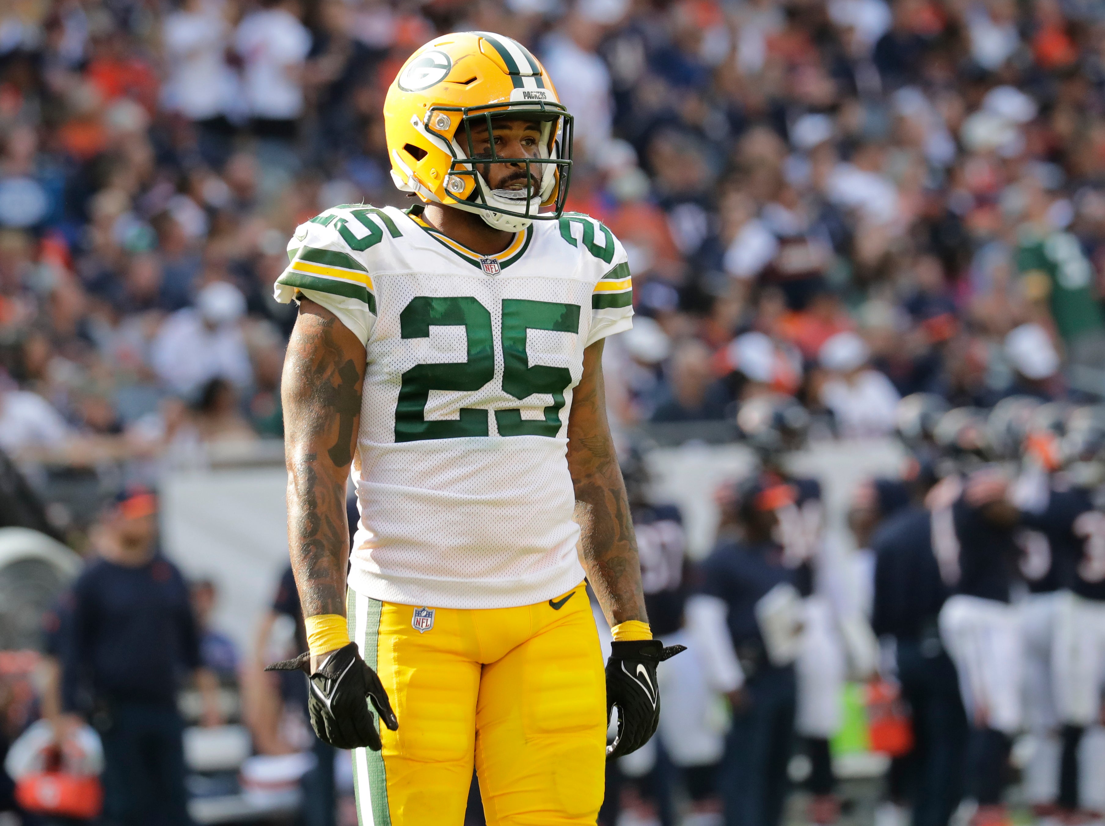 Sep 10, 2023; Chicago, Illinois, USA; Green Bay Packers cornerback Keisean Nixon (25) against the Chicago Bears at Soldier Field. Mandatory Credit: Dan Powers-USA TODAY Sports