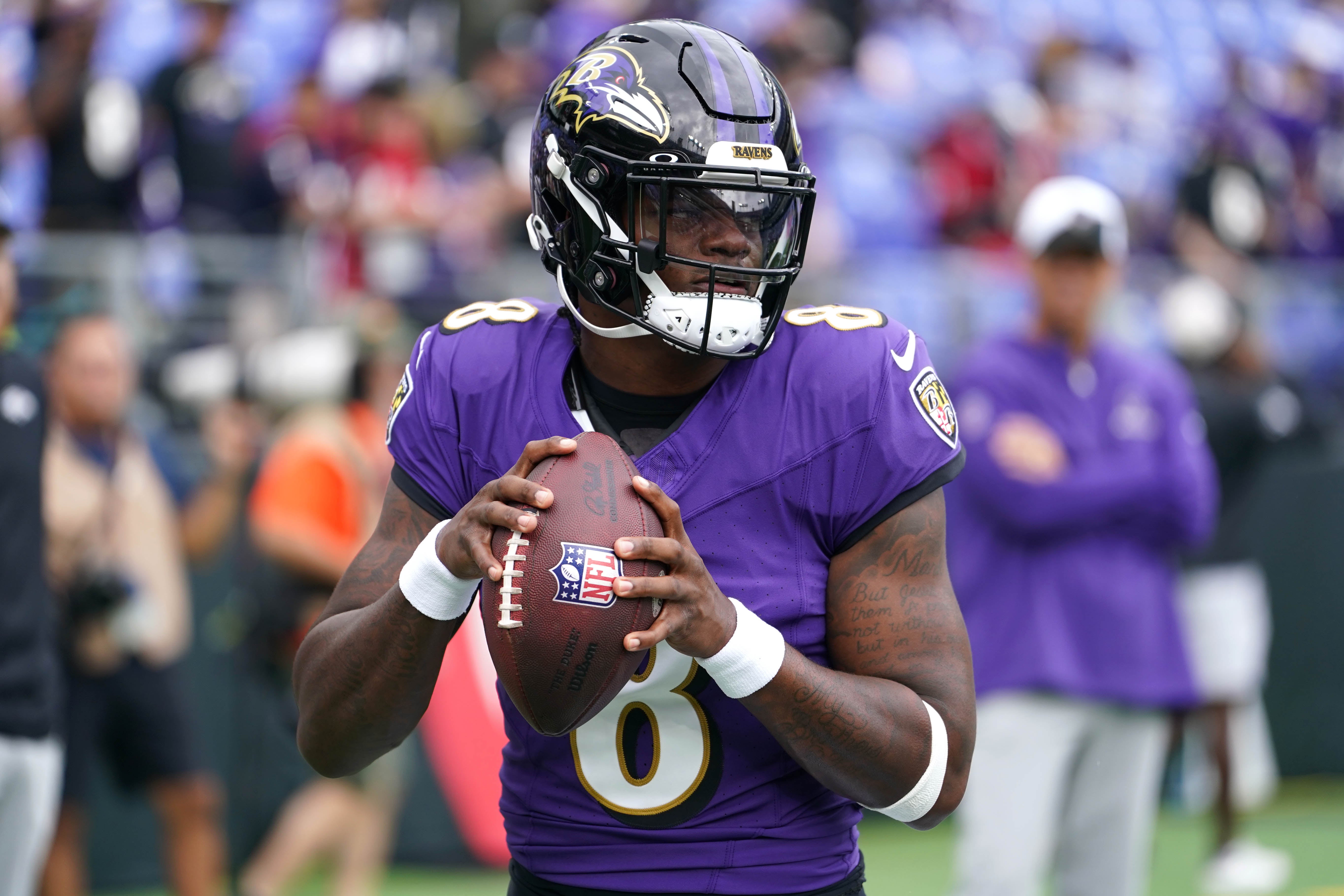 Sep 10, 2023; Baltimore, Maryland, USA; Baltimore Ravens quarterback Lamar Jackson (8) warms up prior to the game against the Houston Texans at M&T Bank Stadium.