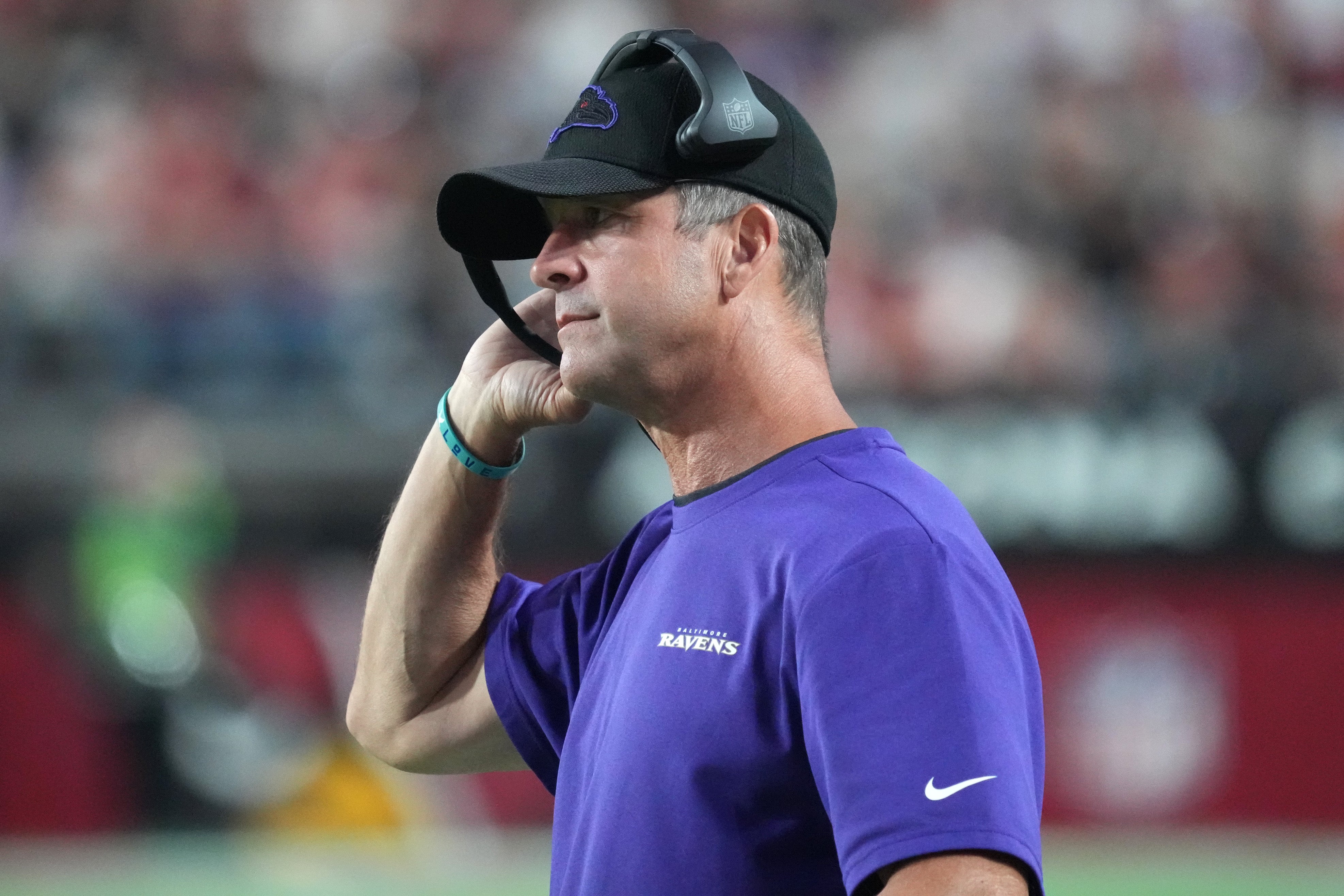 Aug 21, 2022; Glendale, Arizona, USA; Baltimore Ravens head coach John Harbaugh looks on against the Arizona Cardinals during the first half at State Farm Stadium. Mandatory Credit: Joe Camporeale-USA TODAY Sports