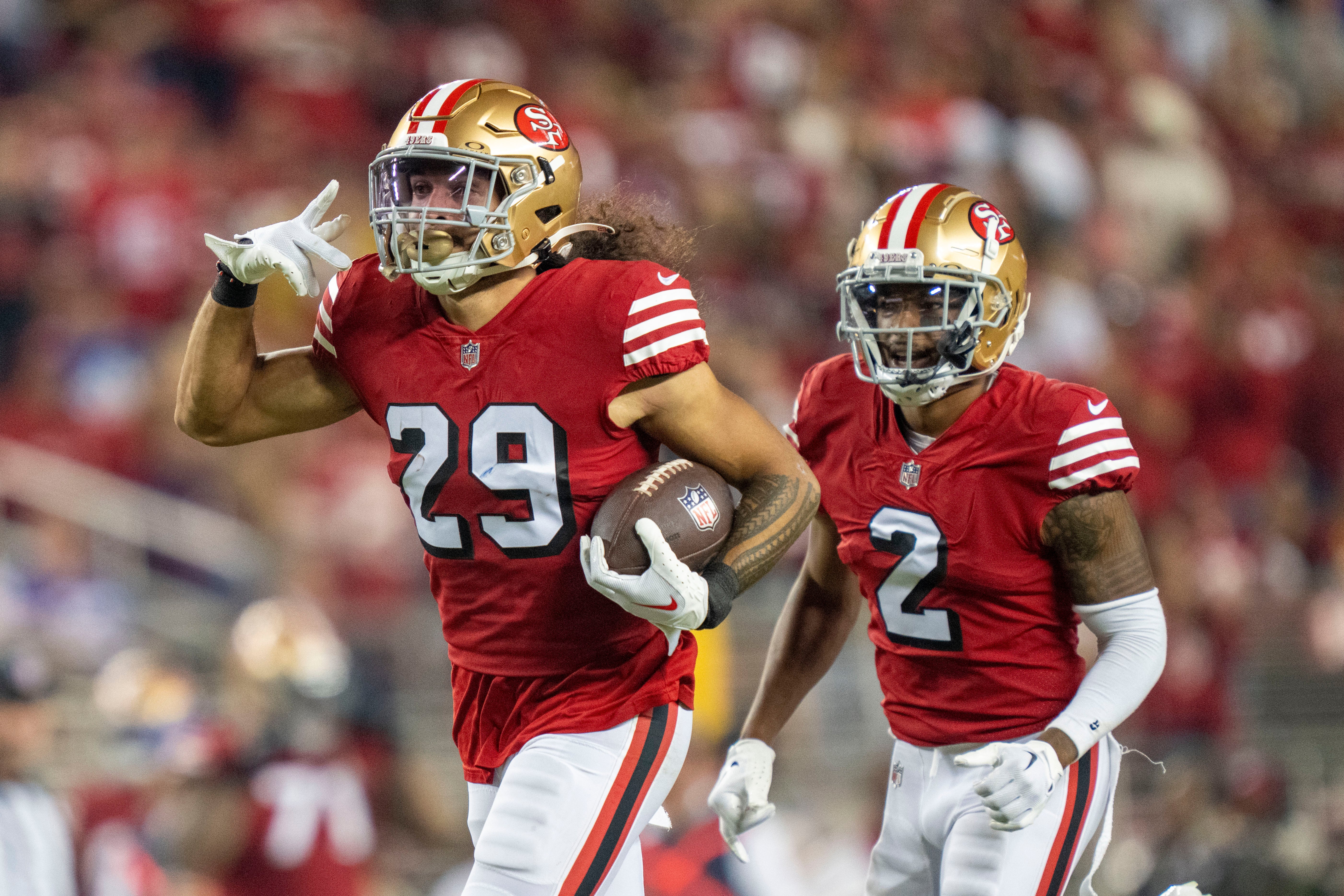 September 21, 2023; Santa Clara, California, USA; San Francisco 49ers safety Talanoa Hufanga (29) celebrates after an interception during the fourth quarter against the New York Giants at Levi's Stadium. Mandatory Credit: Kyle Terada-USA TODAY Sports