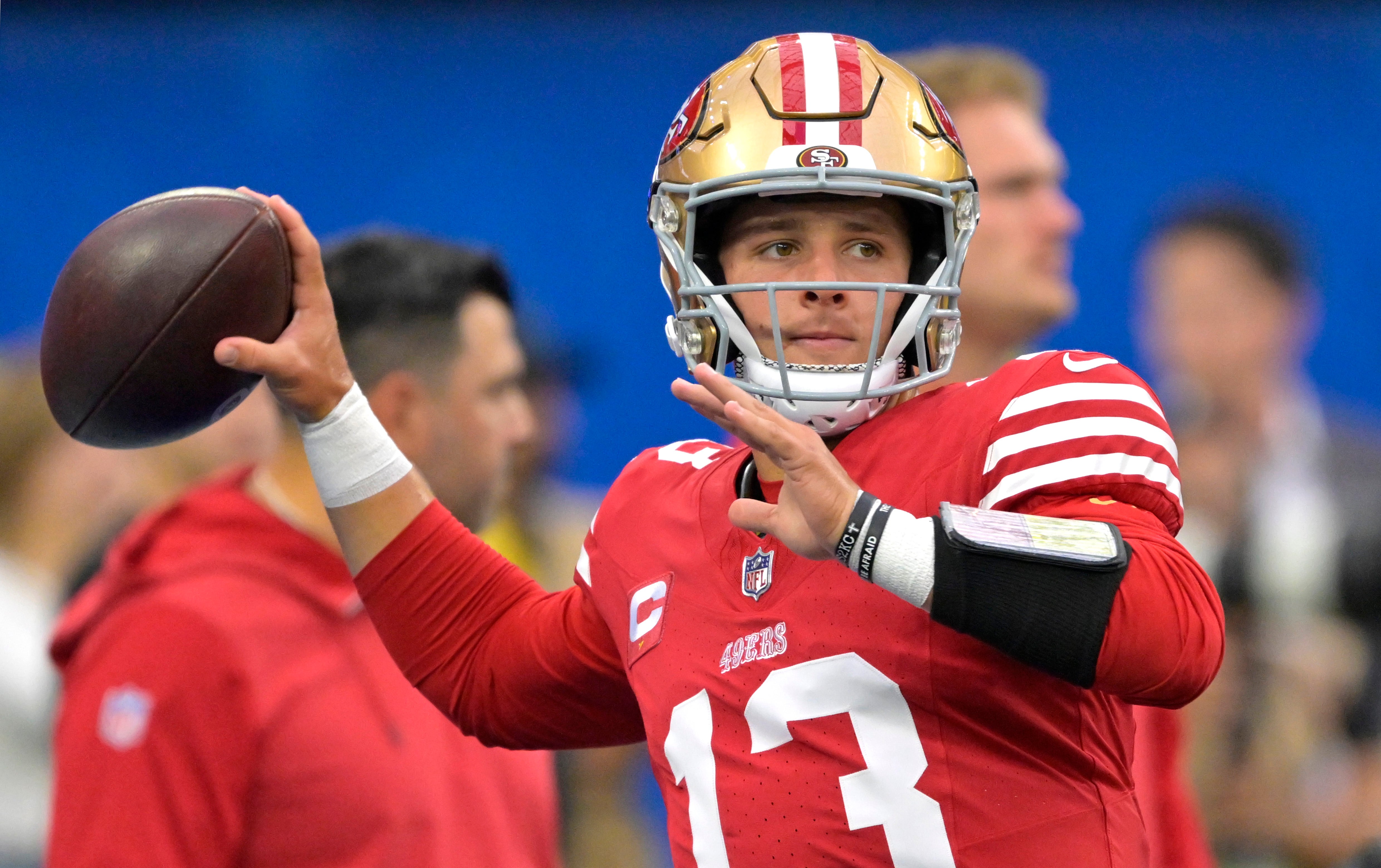Sep 17, 2023; Inglewood, California, USA; San Francisco 49ers quarterback Brock Purdy (13) warms up prior to the game against the Los Angeles Rams at SoFi Stadium. Mandatory Credit: Jayne Kamin-Oncea-USA TODAY Sports