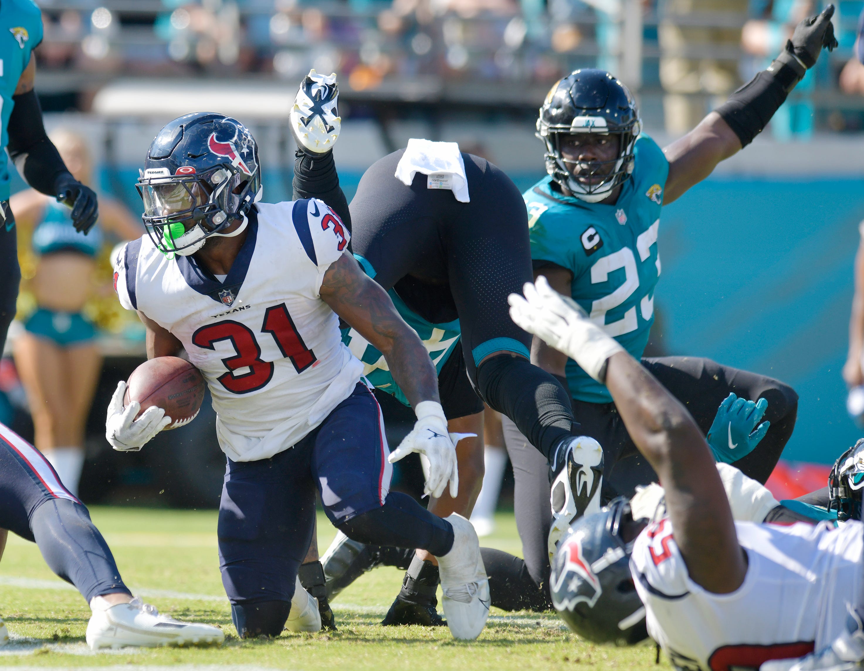 Houston Texans running back Dameon Pierce (31) gets up from the turf after diving into the end zone for a late fourth quarter touchdown to give the Texans the lead. The Jacksonville Jaguars hosted the Houston Texans at TIAA Bank Field in Jacksonville, FL Sunday, October 9, 2022. The Jaguars fell to the Texans with a final score of 13 to 6. [Bob Self/Florida Times-Union] Jki 101022 Bs Jaguars Vs Texans 46