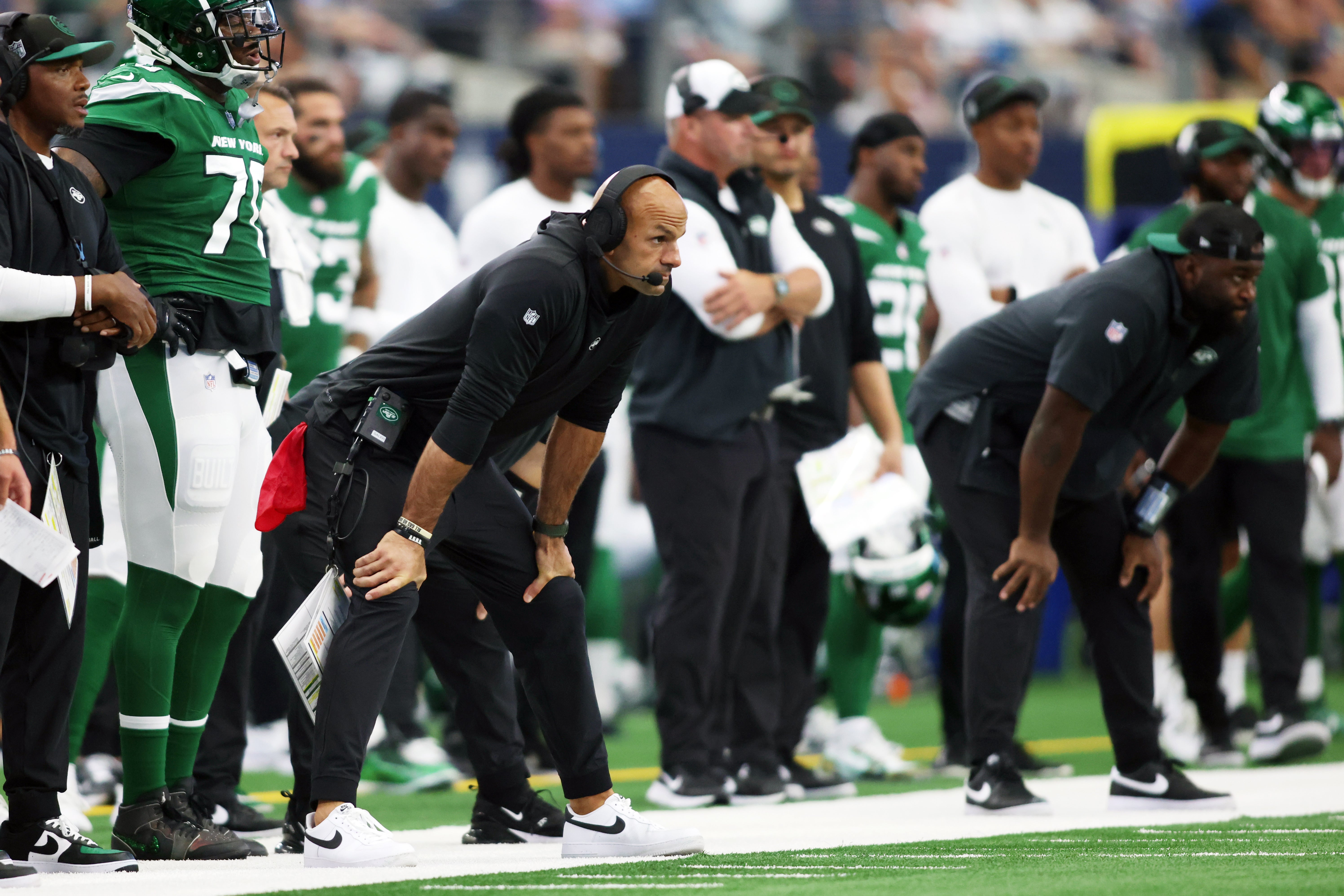 New York Jets head coach Robert Saleh watches the play in the second quarter against the Dallas Cowboys at AT&T Stadium. Tim Heitman-USA TODAY Sports