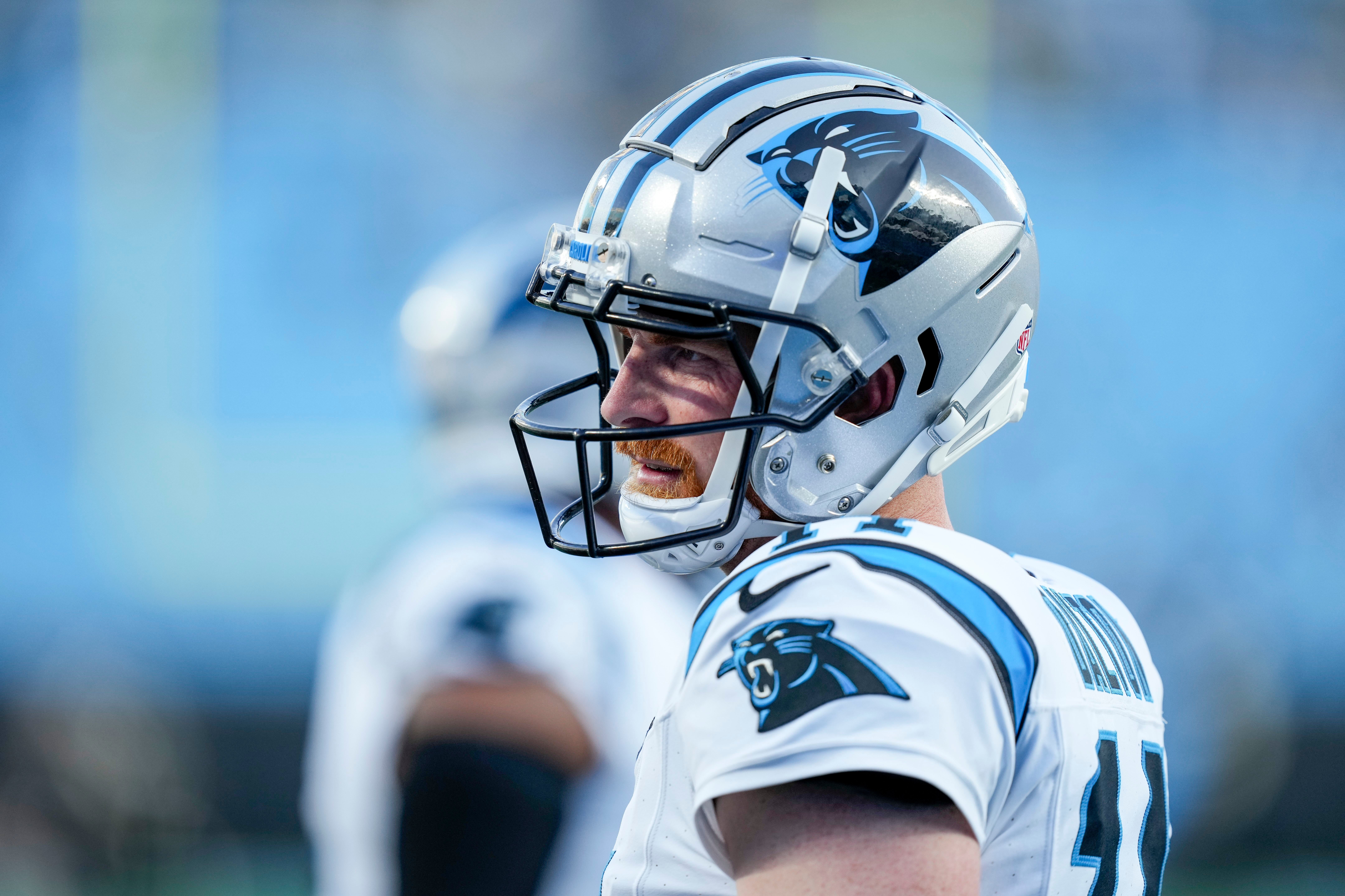 Sep 18, 2023; Charlotte, North Carolina, USA; Carolina Panthers quarterback Andy Dalton (14) during pregame warm ups against the New Orleans Saints at Bank of America Stadium. Mandatory Credit: Jim Dedmon-USA TODAY Sports