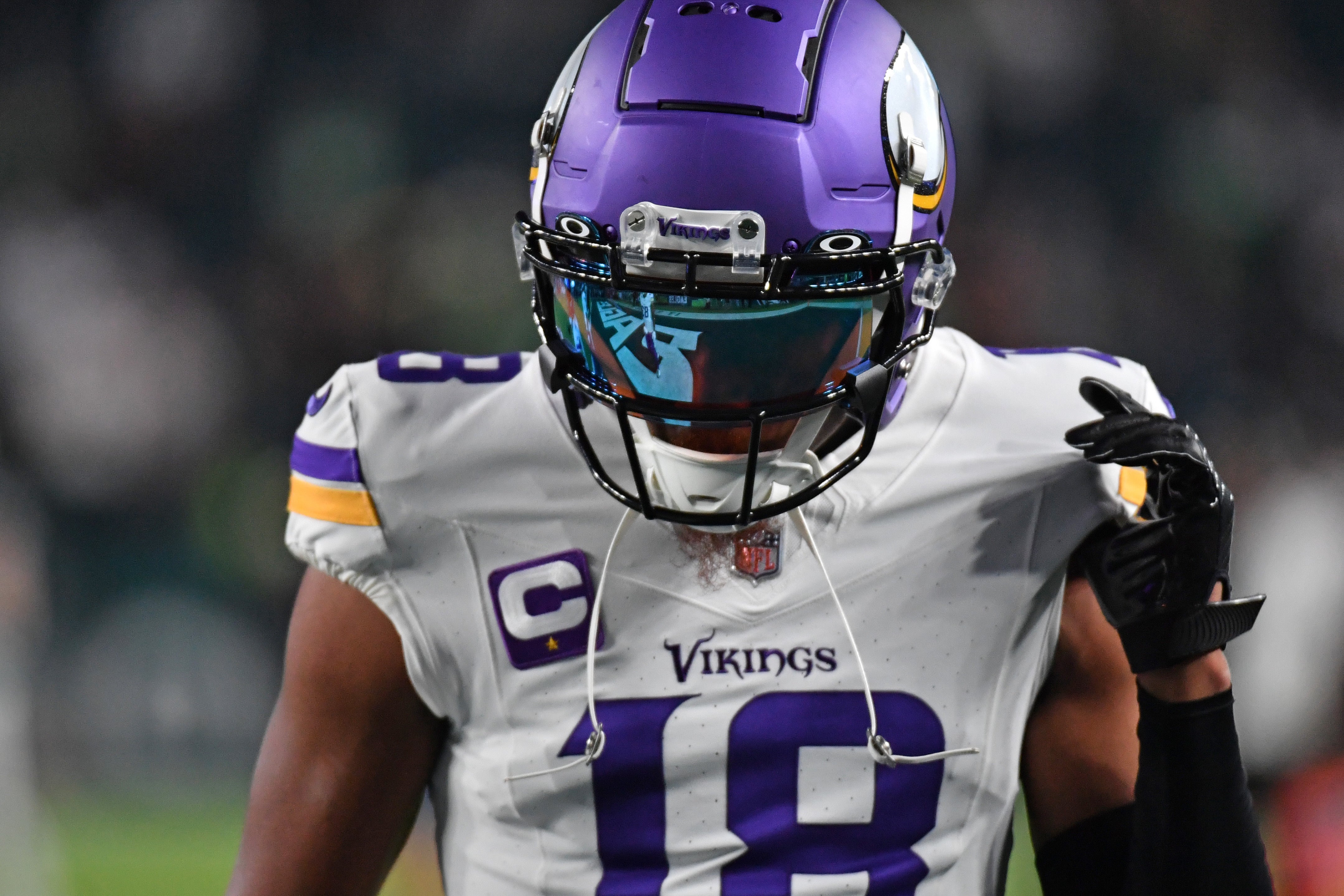 Sep 14, 2023; Philadelphia, Pennsylvania, USA; Minnesota Vikings wide receiver Justin Jefferson (18) against the Philadelphia Eagles at Lincoln Financial Field. Mandatory Credit: Eric Hartline-USA TODAY Sports