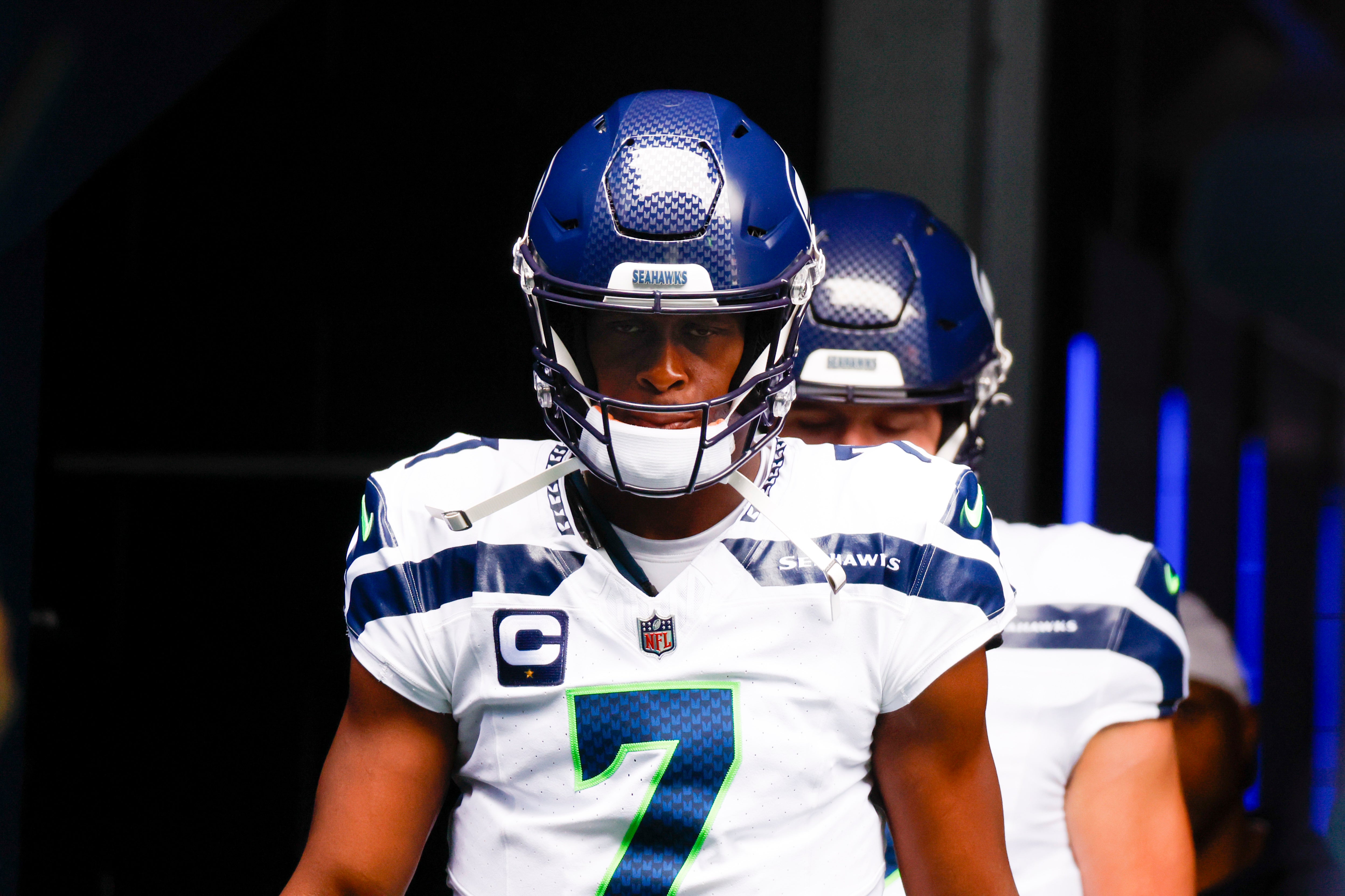 Sep 24, 2023; Seattle, Washington, USA; Seattle Seahawks quarterback Geno Smith (7) exits the locker room before pregame warmups against the Carolina Panthers at Lumen Field. Mandatory Credit: Joe Nicholson-USA TODAY Sports