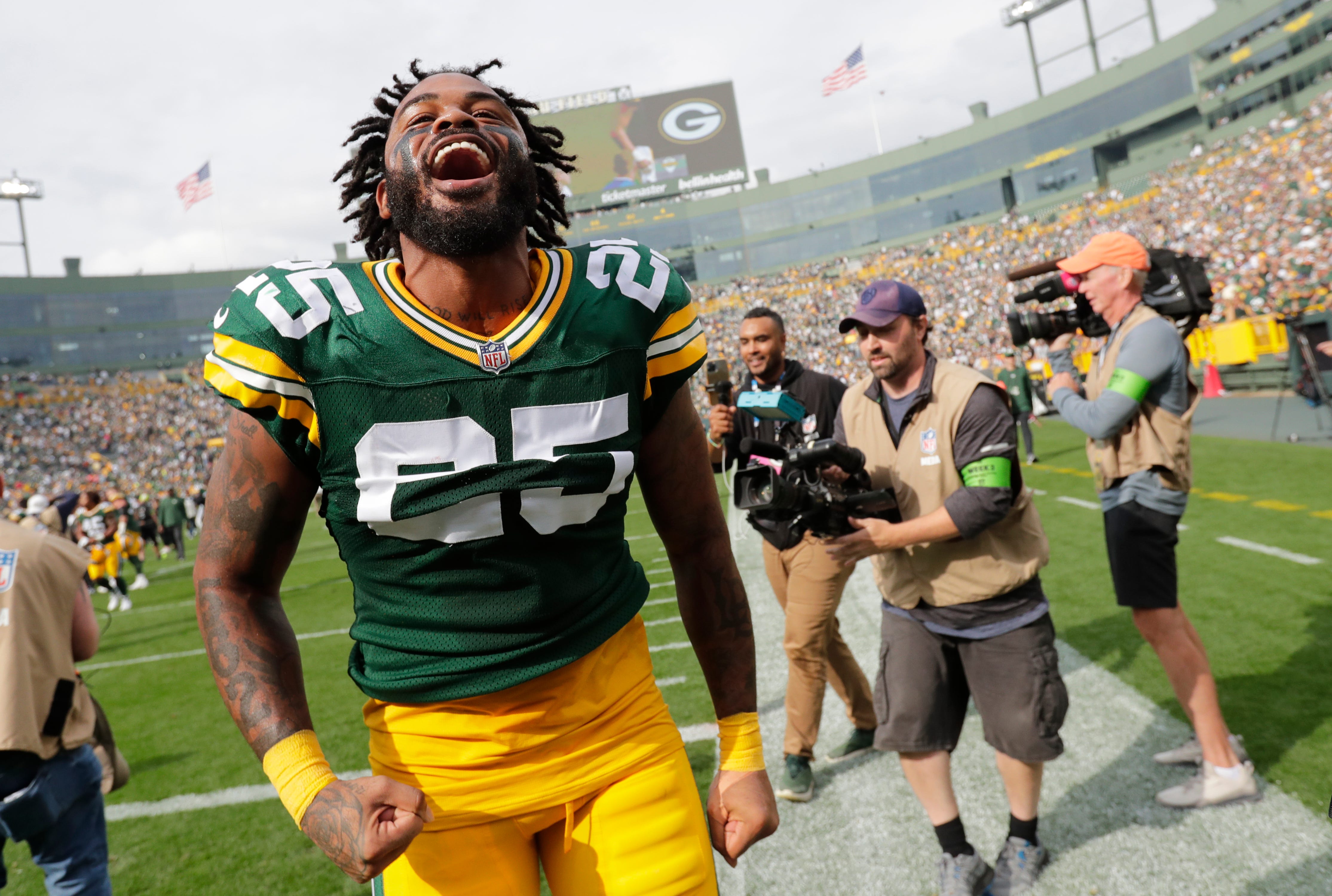 Green Bay Packers cornerback Keisean Nixon (25) celebrates defeating the New Orleans Saints during their football game Sunday, September 24, 2023, at Lambeau Field in Green Bay, Wis. Dan Powers/USA TODAY NETWORK-Wisconsin