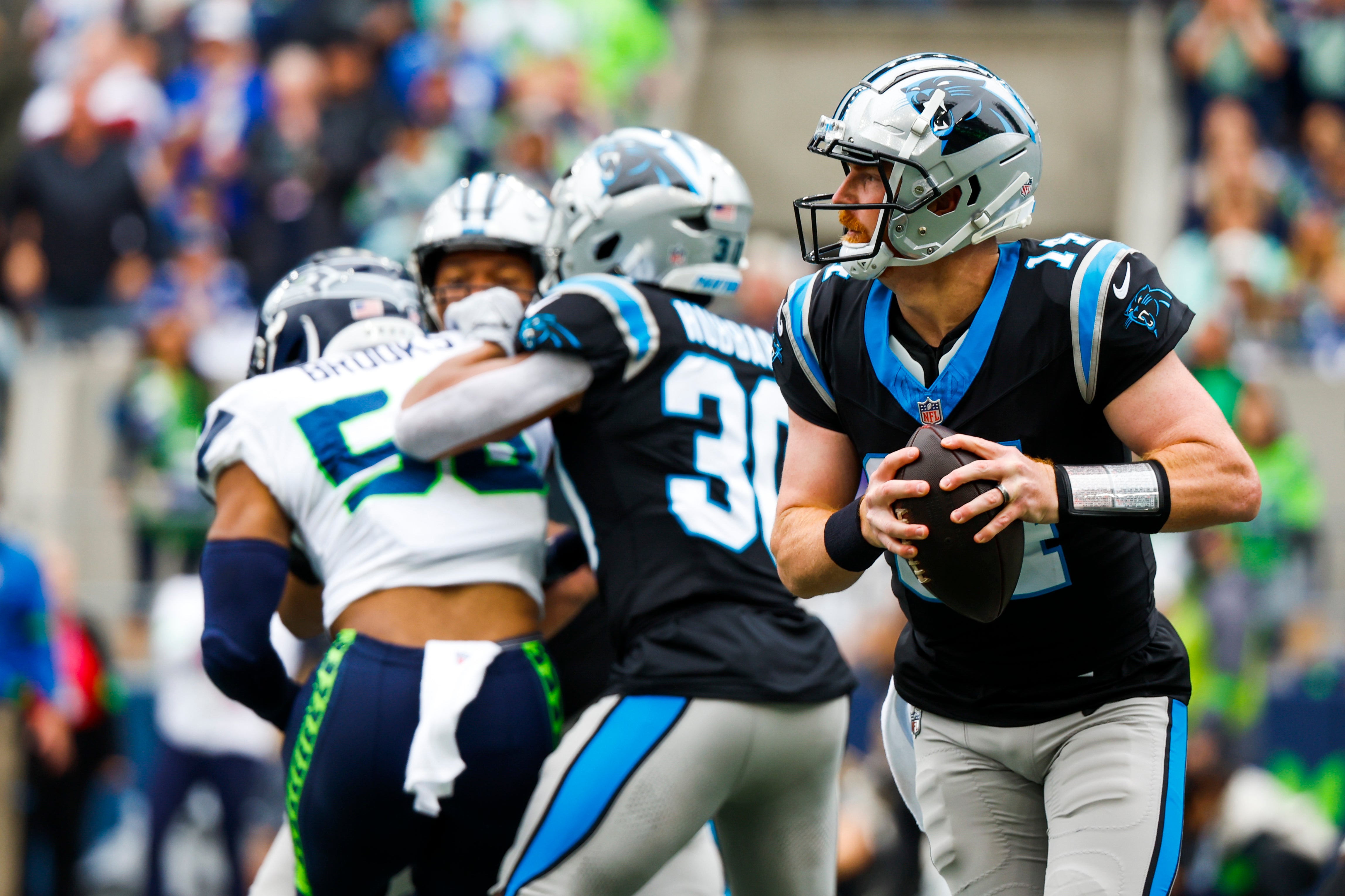 Sep 24, 2023; Seattle, Washington, USA; Carolina Panthers quarterback Andy Dalton (14) looks to pass against the Seattle Seahawks during the first quarter at Lumen Field. Mandatory Credit: Joe Nicholson-USA TODAY Sports