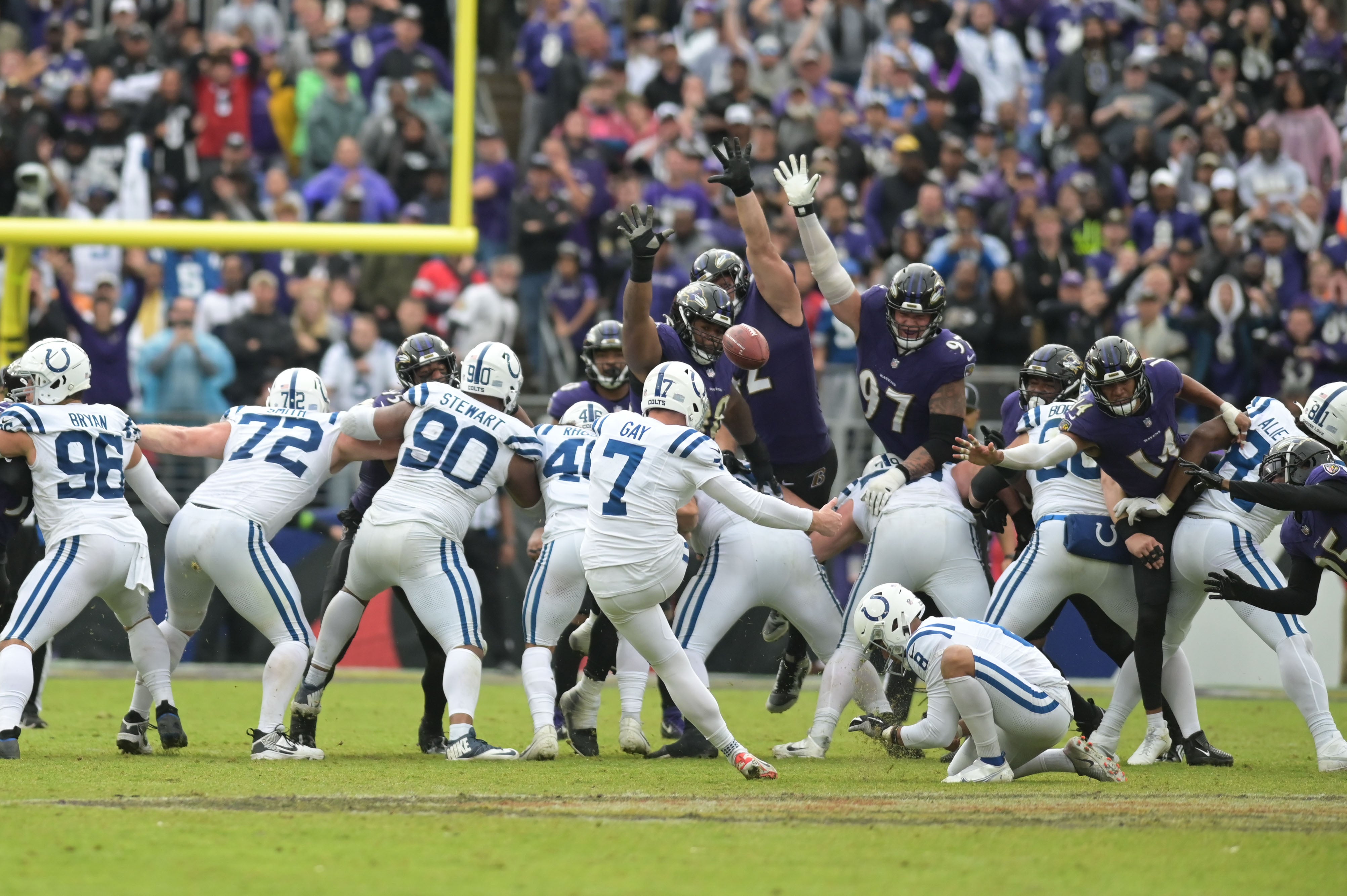 Sep 24, 2023; Baltimore, Maryland, USA; Indianapolis Colts place kicker Matt Gay (7) kicks a game-winning field goal in overtime against the Baltimore Ravens at M&T Bank Stadium.