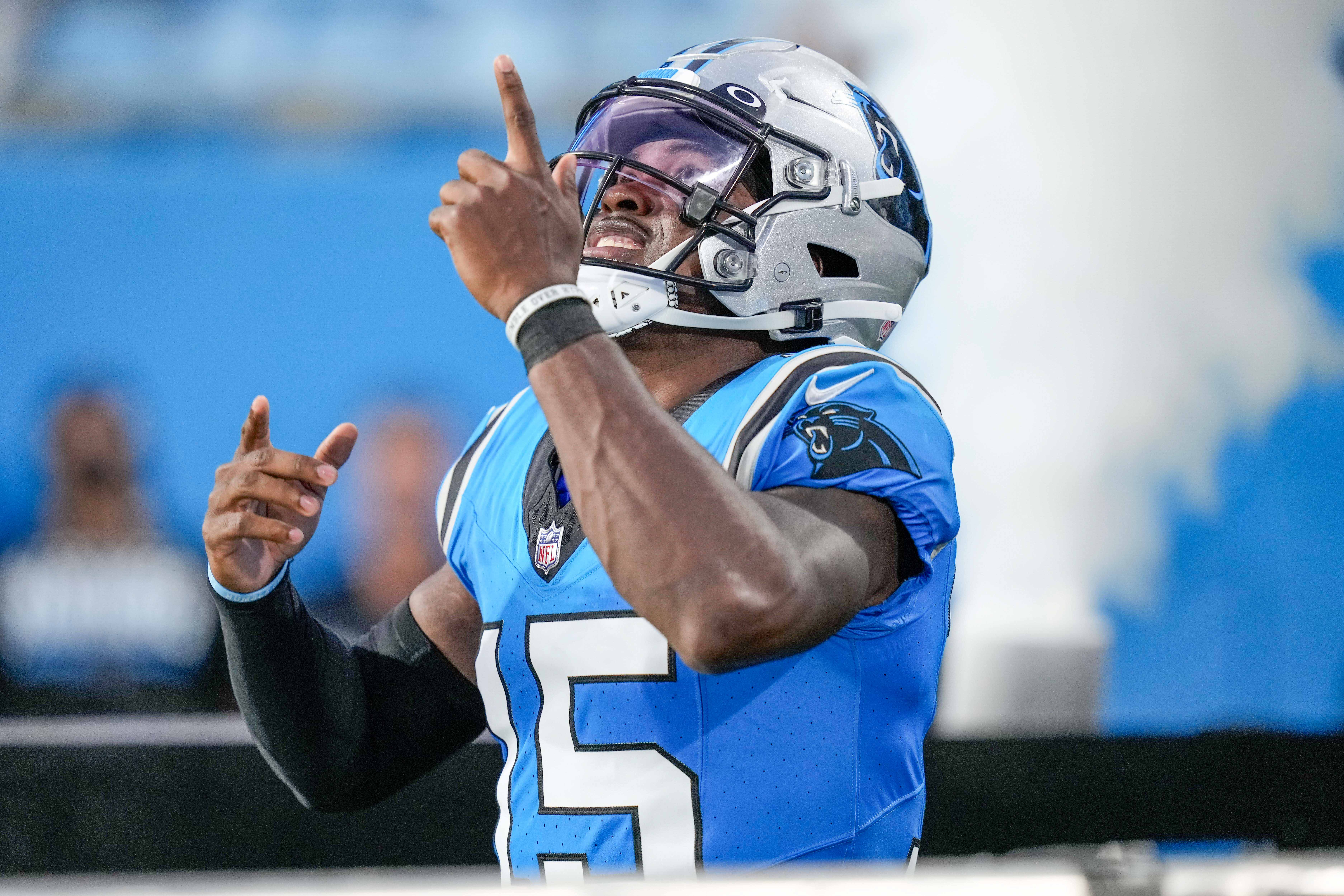 Aug 25, 2023; Charlotte, North Carolina, USA; Carolina Panthers wide receiver Jonathan Mingo (15) before the game against the Detroit Lions at Bank of America Stadium. Mandatory Credit: Jim Dedmon-USA TODAY Sports