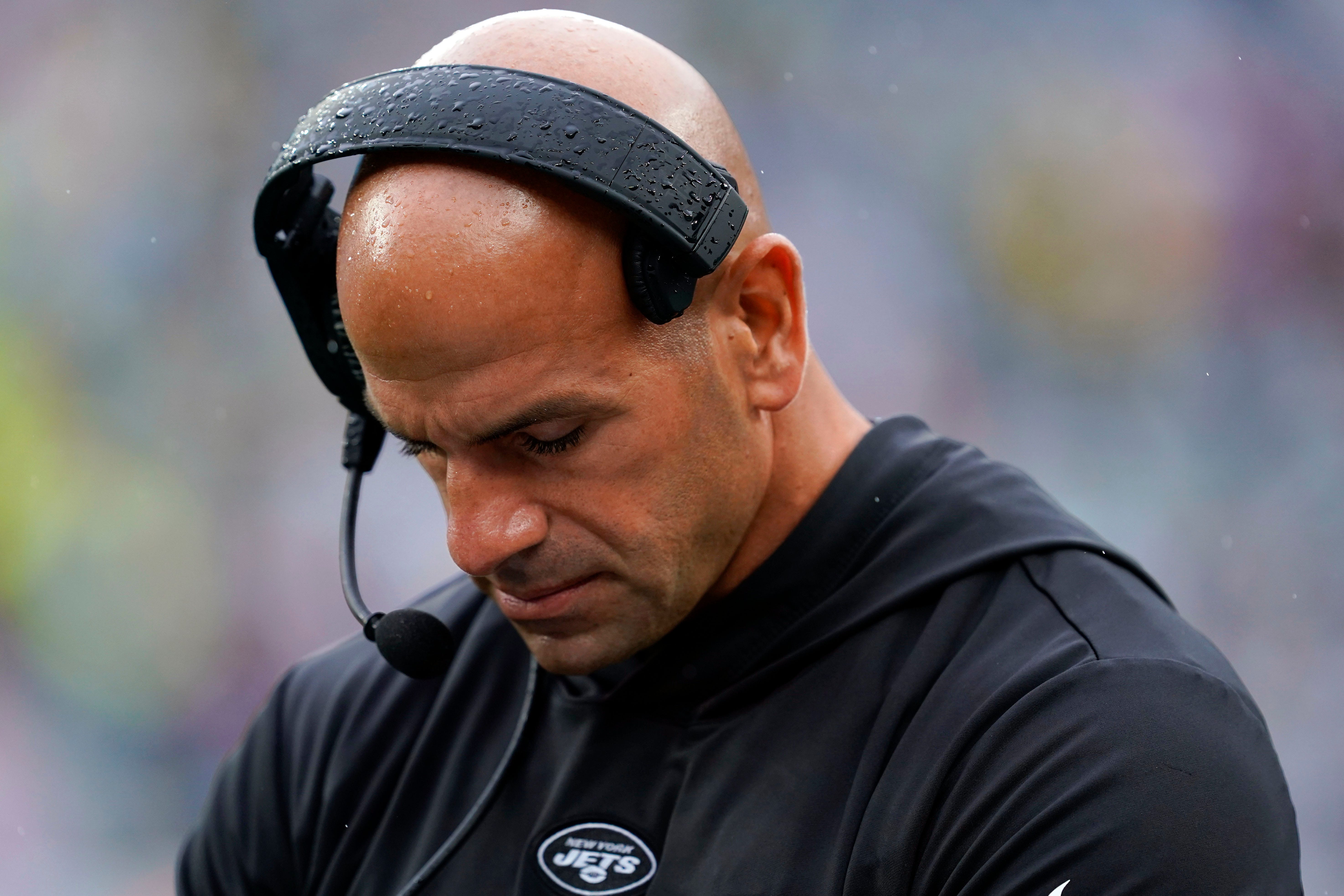 New York Jets head coach Robert Saleh on the sideline at the end of the game against the New England Patriots. The Jets lose to the Patriots, 15-10, at MetLife Stadium on Sunday, Sept. 24, 2023, in East Rutherford.