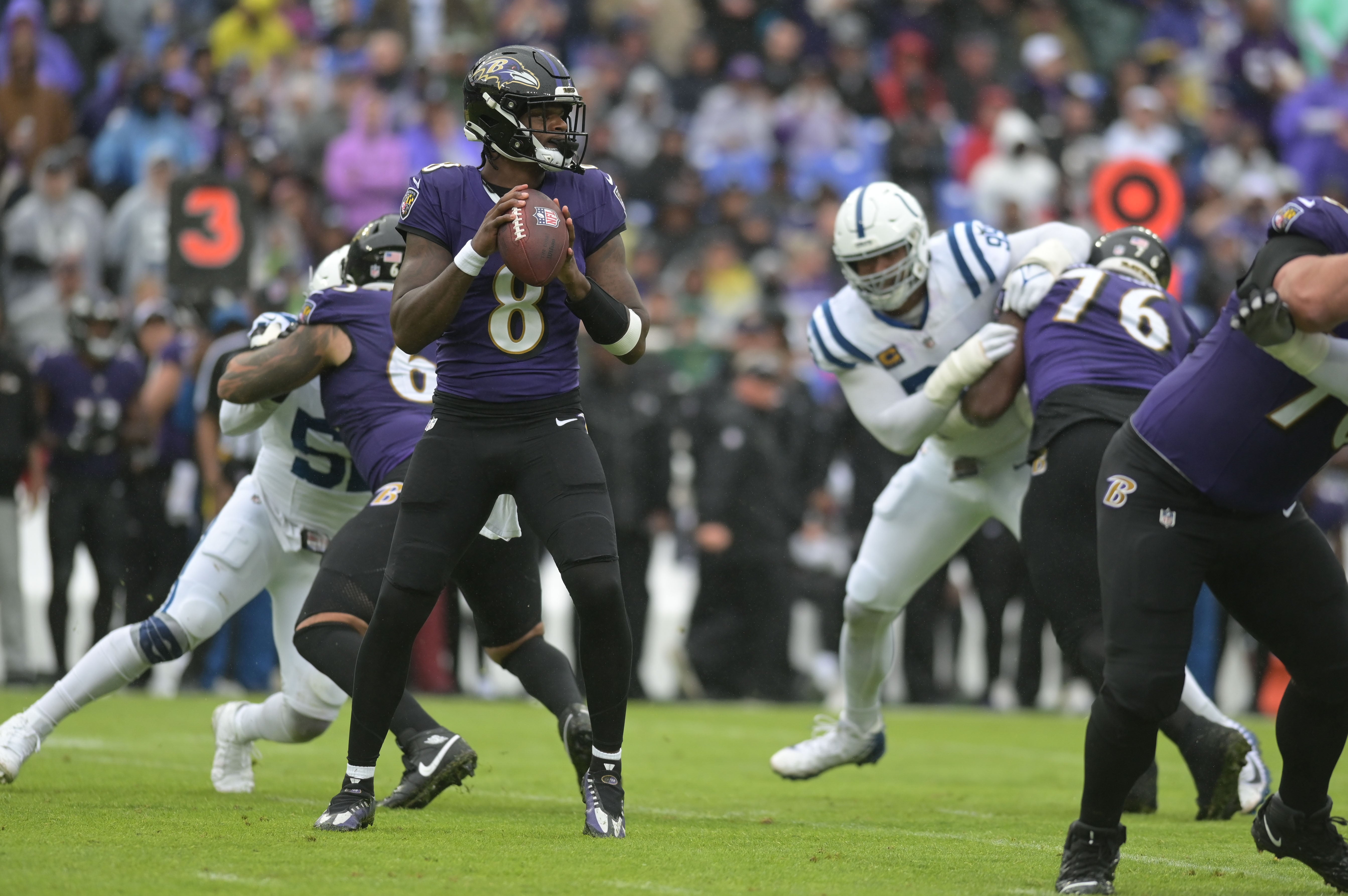 Sep 24, 2023; Baltimore, Maryland, USA; Baltimore Ravens quarterback Lamar Jackson (8) looks to throw during the first half against the Indianapolis Colts at M&T Bank Stadium. Mandatory Credit: Tommy Gilligan-USA TODAY Sports
