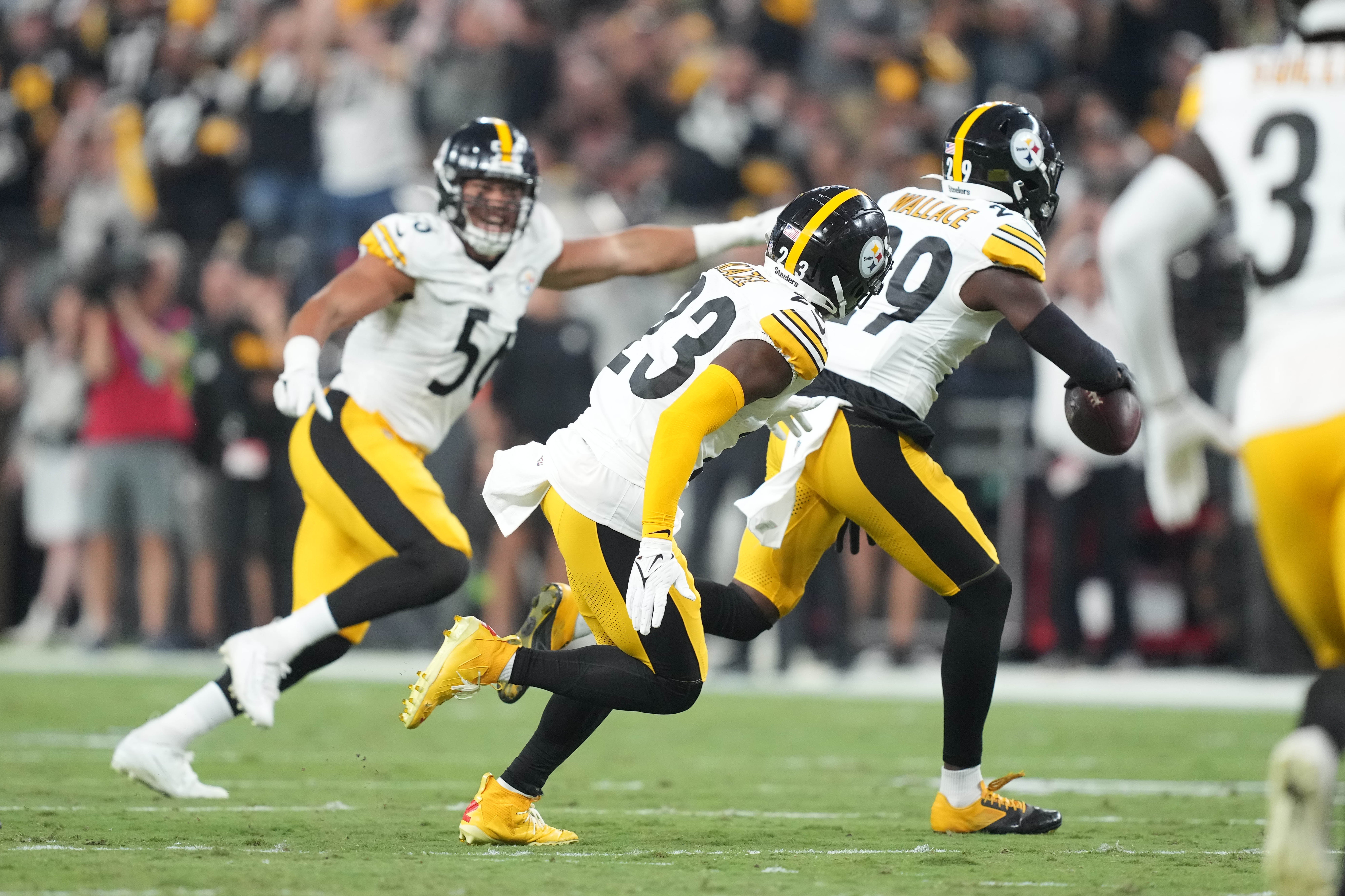 Sep 24, 2023; Paradise, Nevada, USA; Pittsburgh Steelers cornerback Levi Wallace (29) celebrates after intercepting a pass against the Las Vegas Raiders the first half at Allegiant Stadium. Mandatory Credit: Kirby Lee-USA TODAY Sports